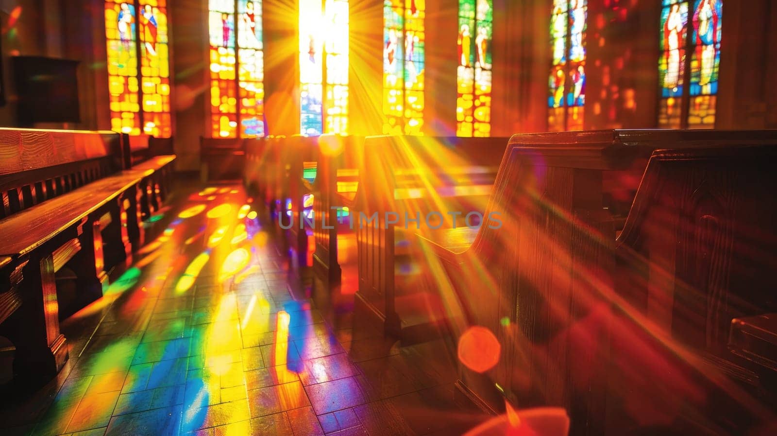 Tranquil Church Interior with Sunlight Through Stained Glass Windows - Spiritual Serenity.