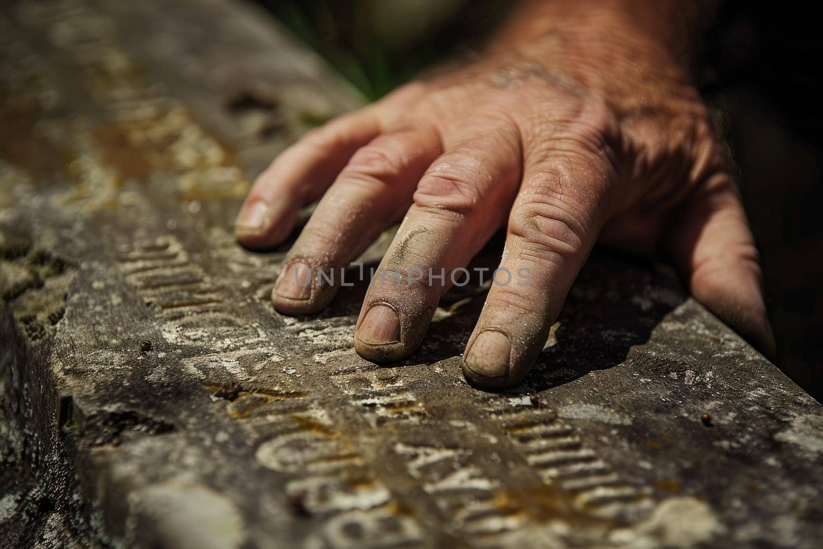 Hand Touching Engraved Headstone, Symbol of Time and Remembrance, Contemplating Memories.