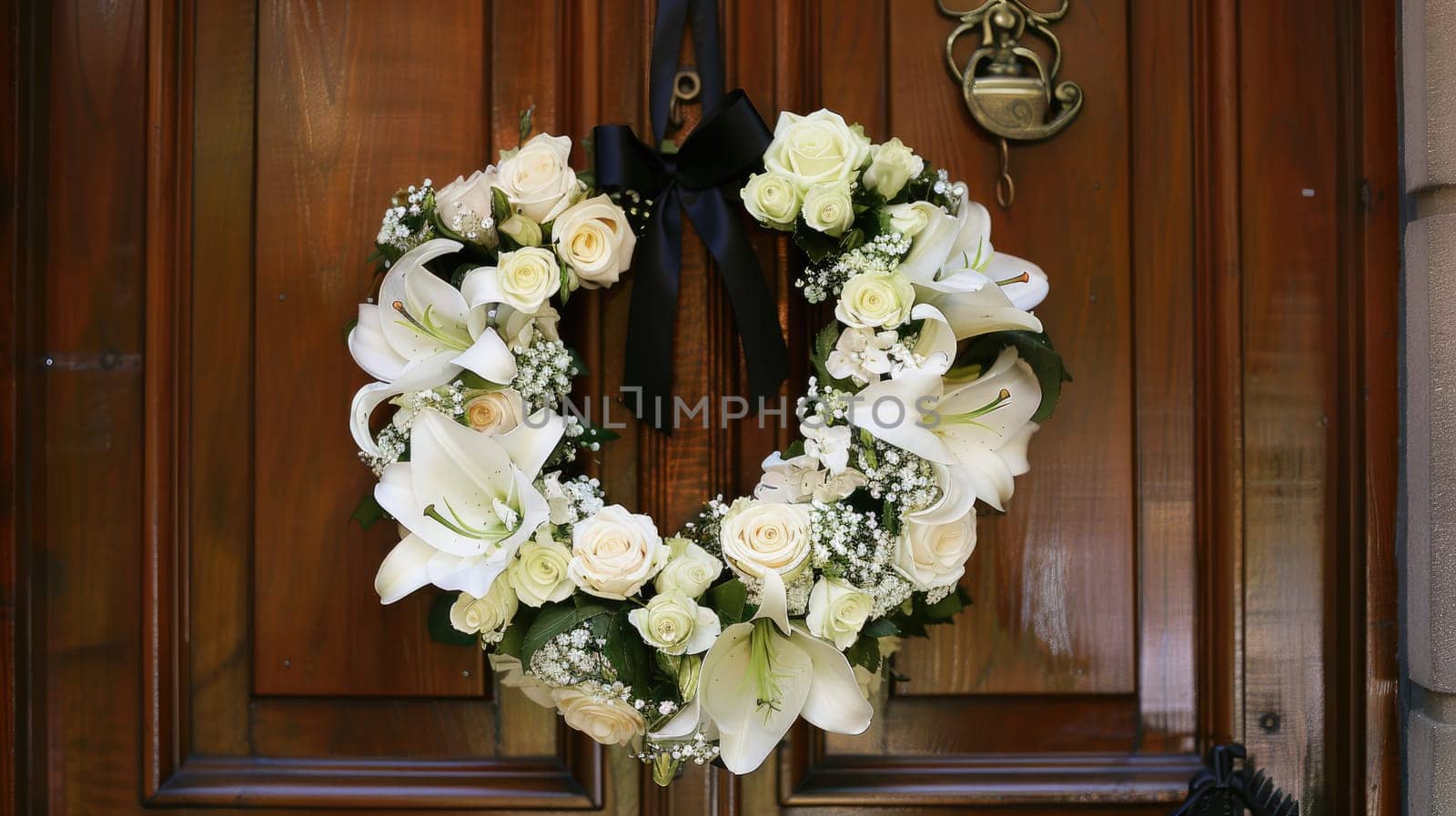 Heart-shaped Wreath of White Lilies and Roses on Chapel Door with Black Ribbon, Eternal Love and Memory.