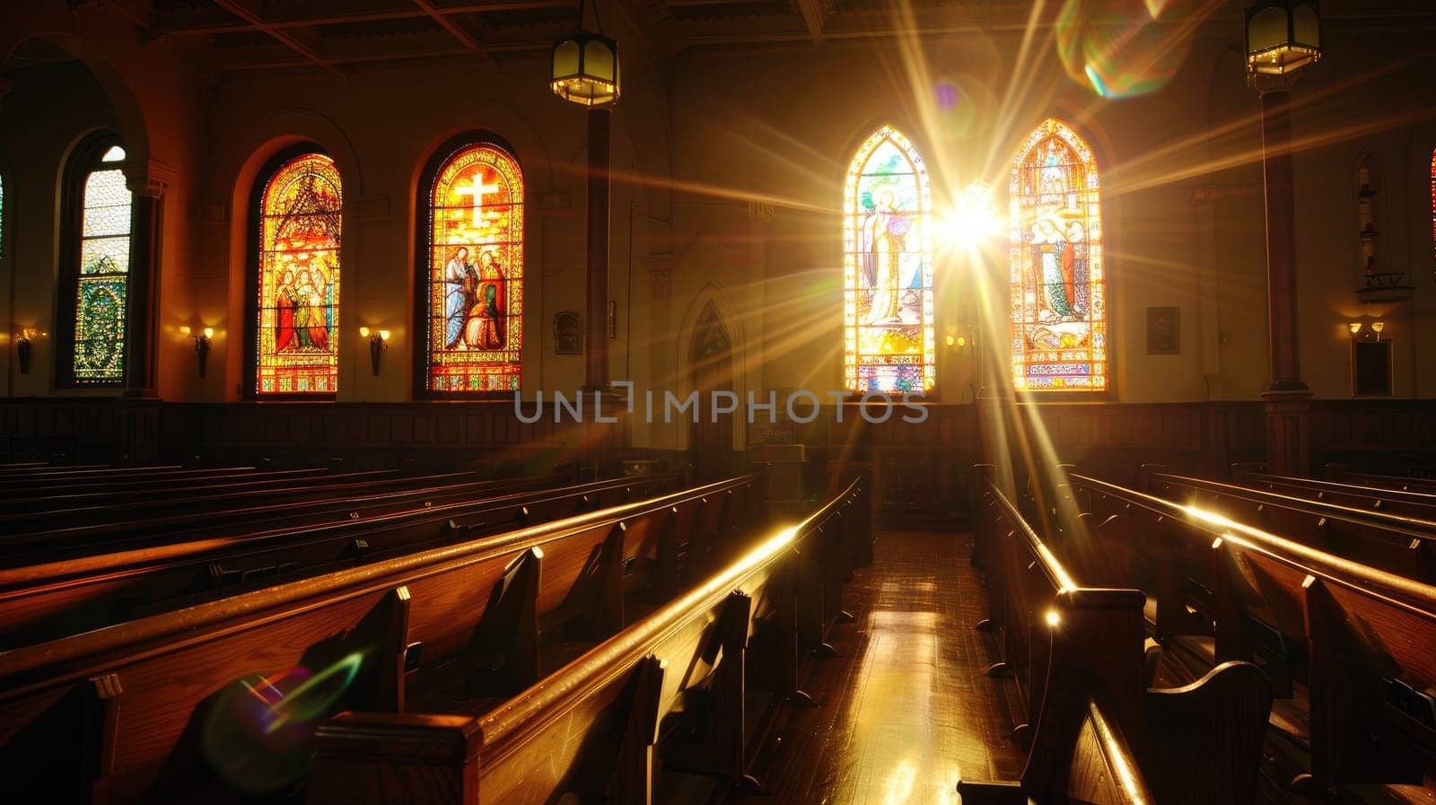 Tranquil Church Interior with Sunlight Through Stained Glass Windows - Spiritual Serenity.