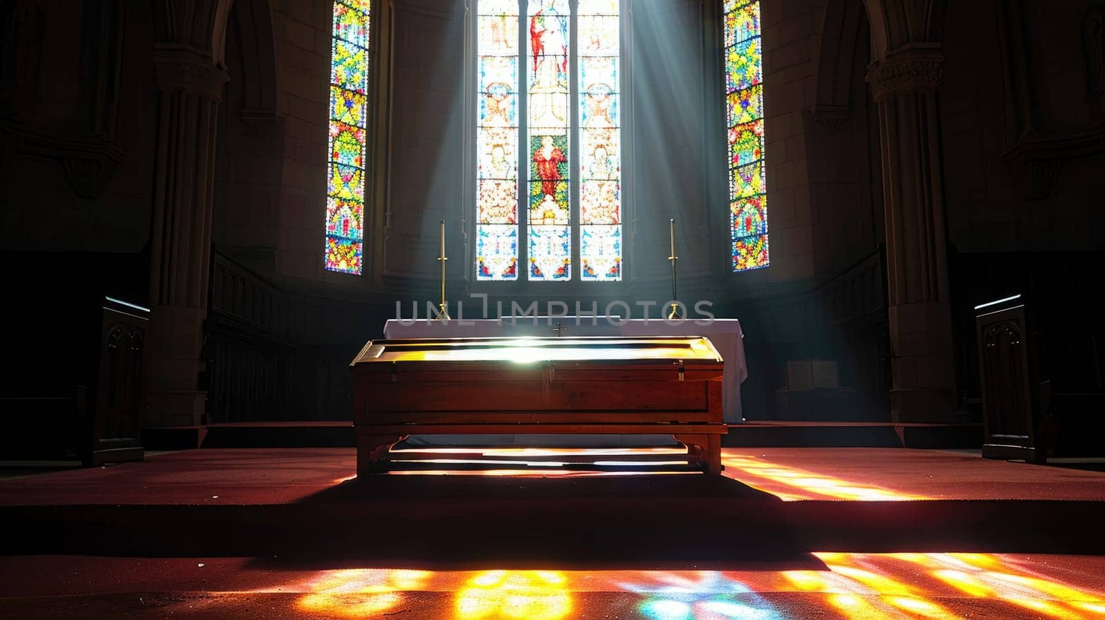 Tranquil Funeral Setting with Wooden Casket in Empty Church - Copy Space for Messages on Funeral Arrangements.