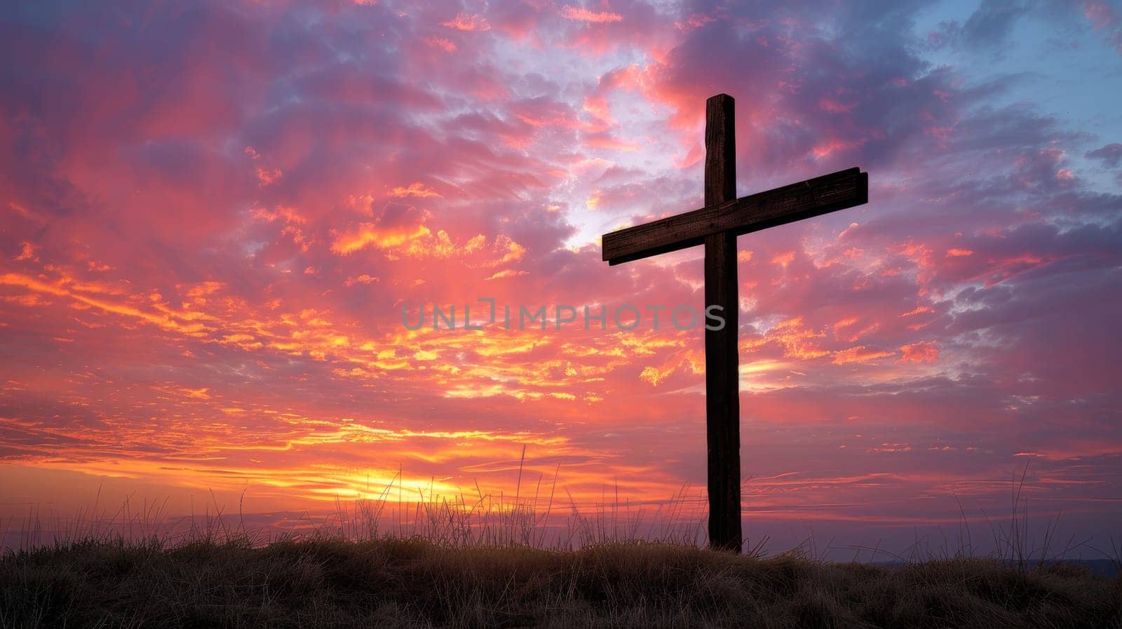 Wooden Cross Symbolizing Faith and Hope in the Glow of Sunset, Divine Silhouette.