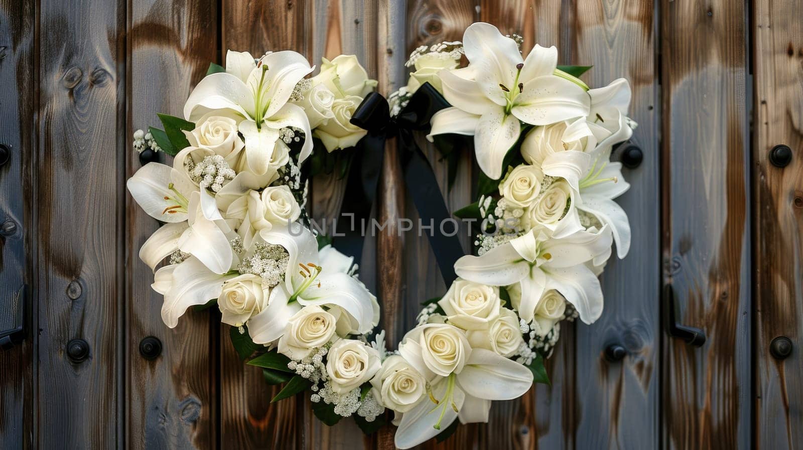 Heart-shaped Wreath of White Lilies and Roses on Chapel Door with Black Ribbon, Eternal Love and Memory.