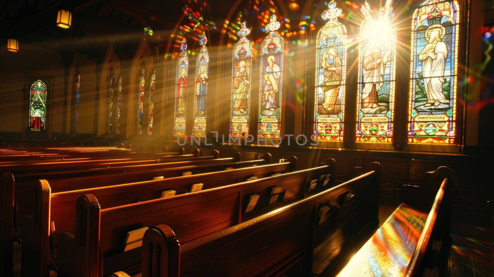 Tranquil Church Interior with Sunlight Through Stained Glass Windows - Spiritual Serenity.