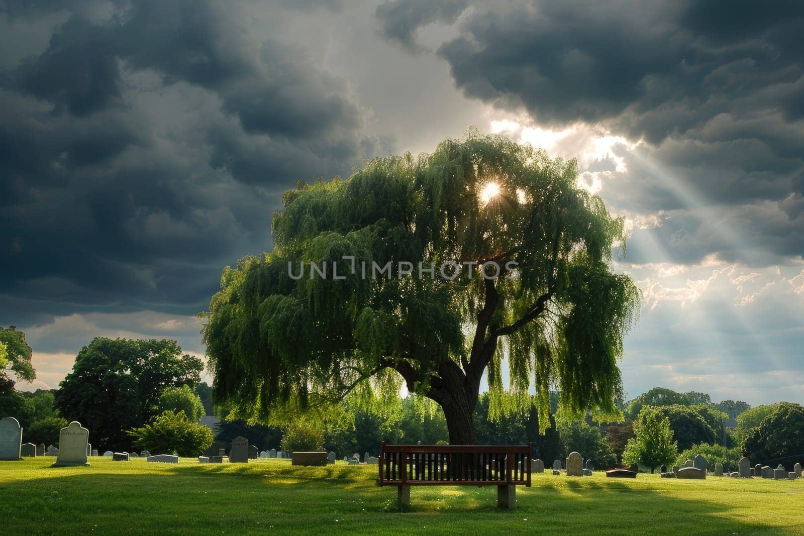 Ray of Sunlight on Lonely Bench in Cemetery Under Weeping Willow Tree, Solitude and Serenity.