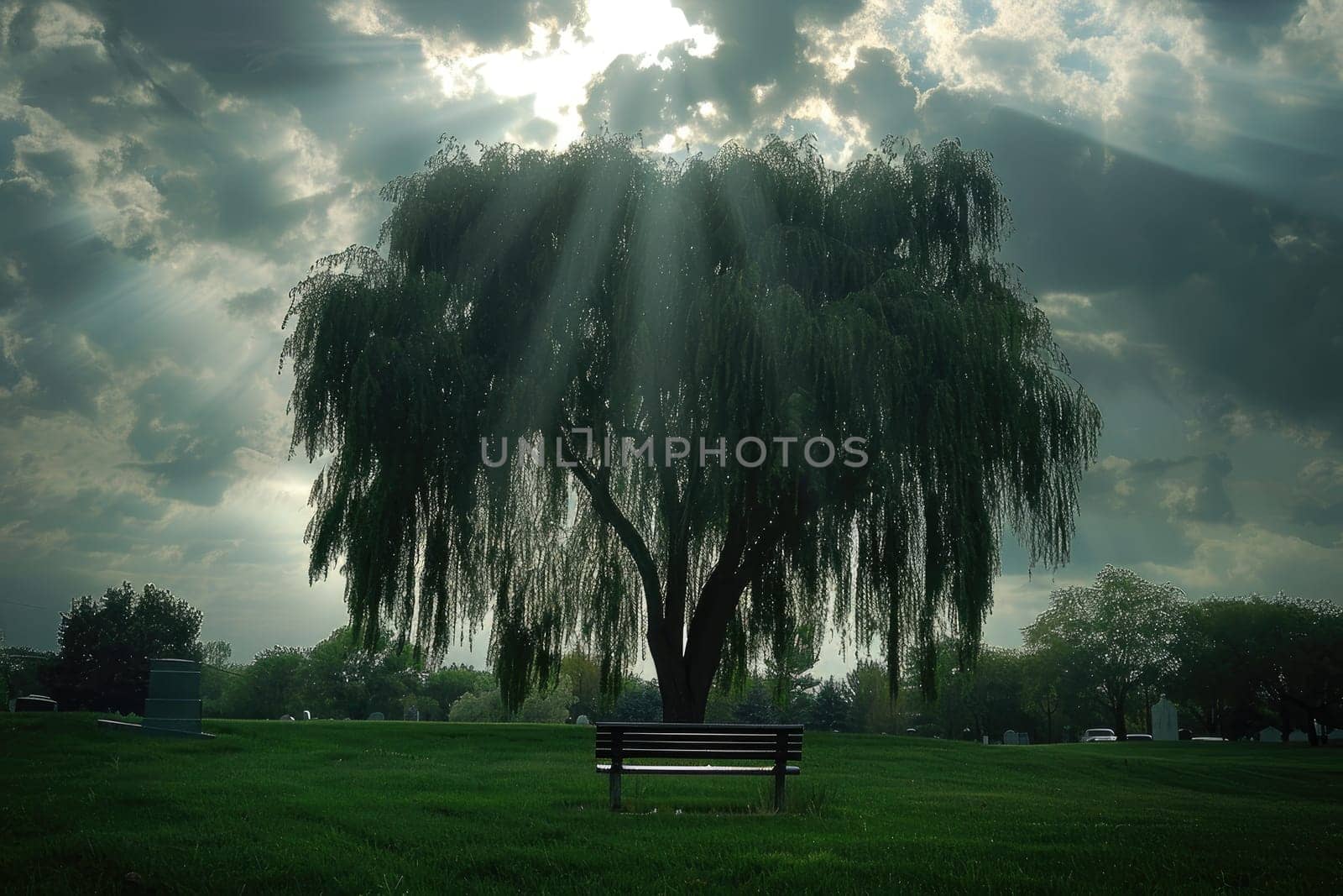 Ray of Sunlight on Lonely Bench in Cemetery Under Weeping Willow Tree, Solitude and Serenity.