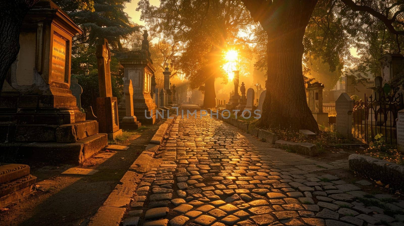 Path of Cobblestones among Ancient Headstones in Golden Light, Serene Sunset at Historic Cemetery.