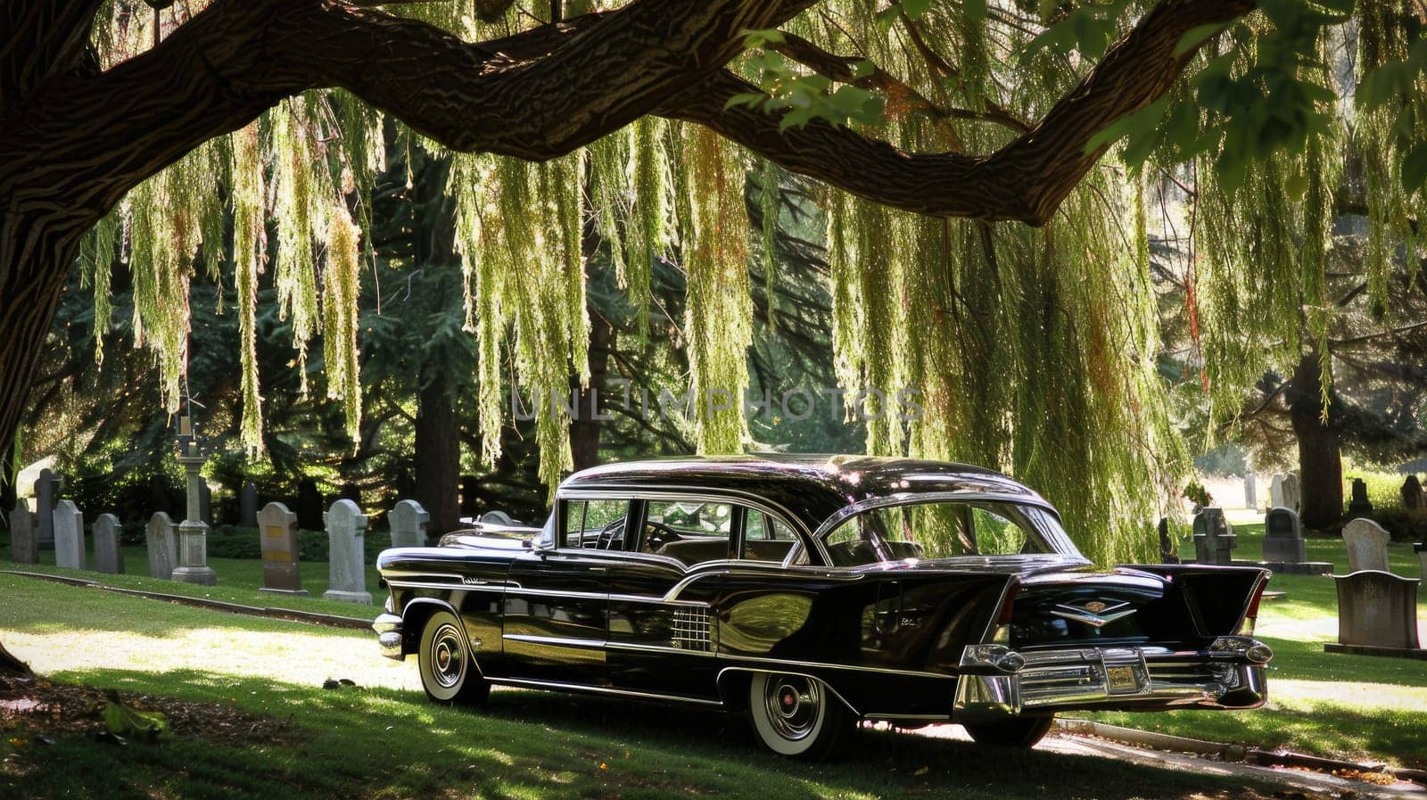 Vintage Hearse in Empty Cemetery Beneath Weeping Willow Tree, Elegance Amongst Solitude.