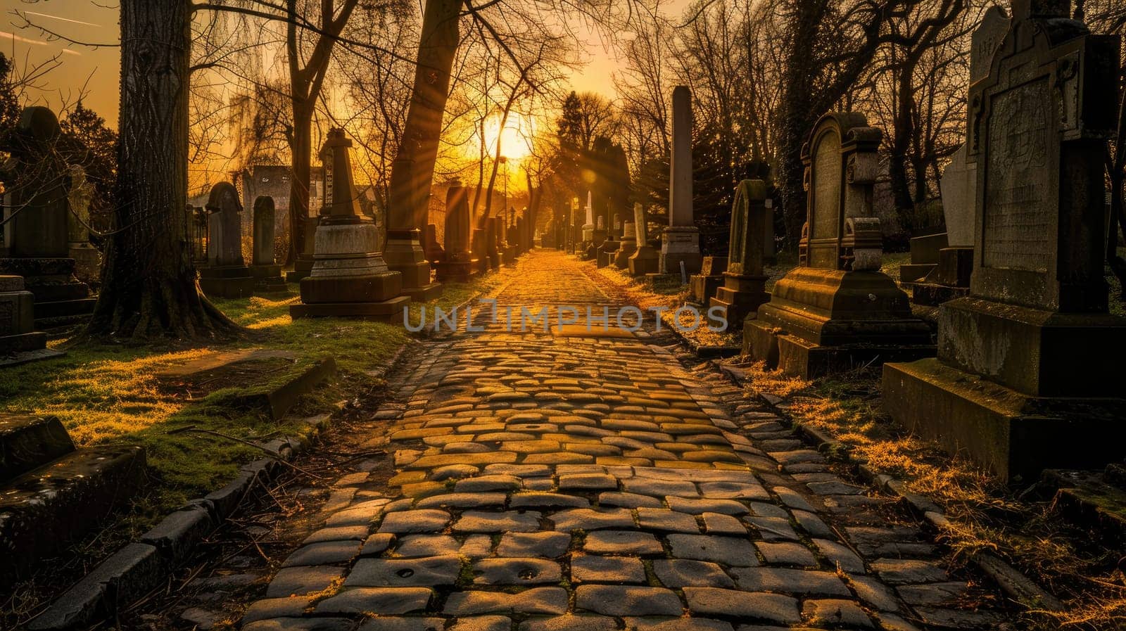 Path of Cobblestones among Ancient Headstones in Golden Light, Serene Sunset at Historic Cemetery.