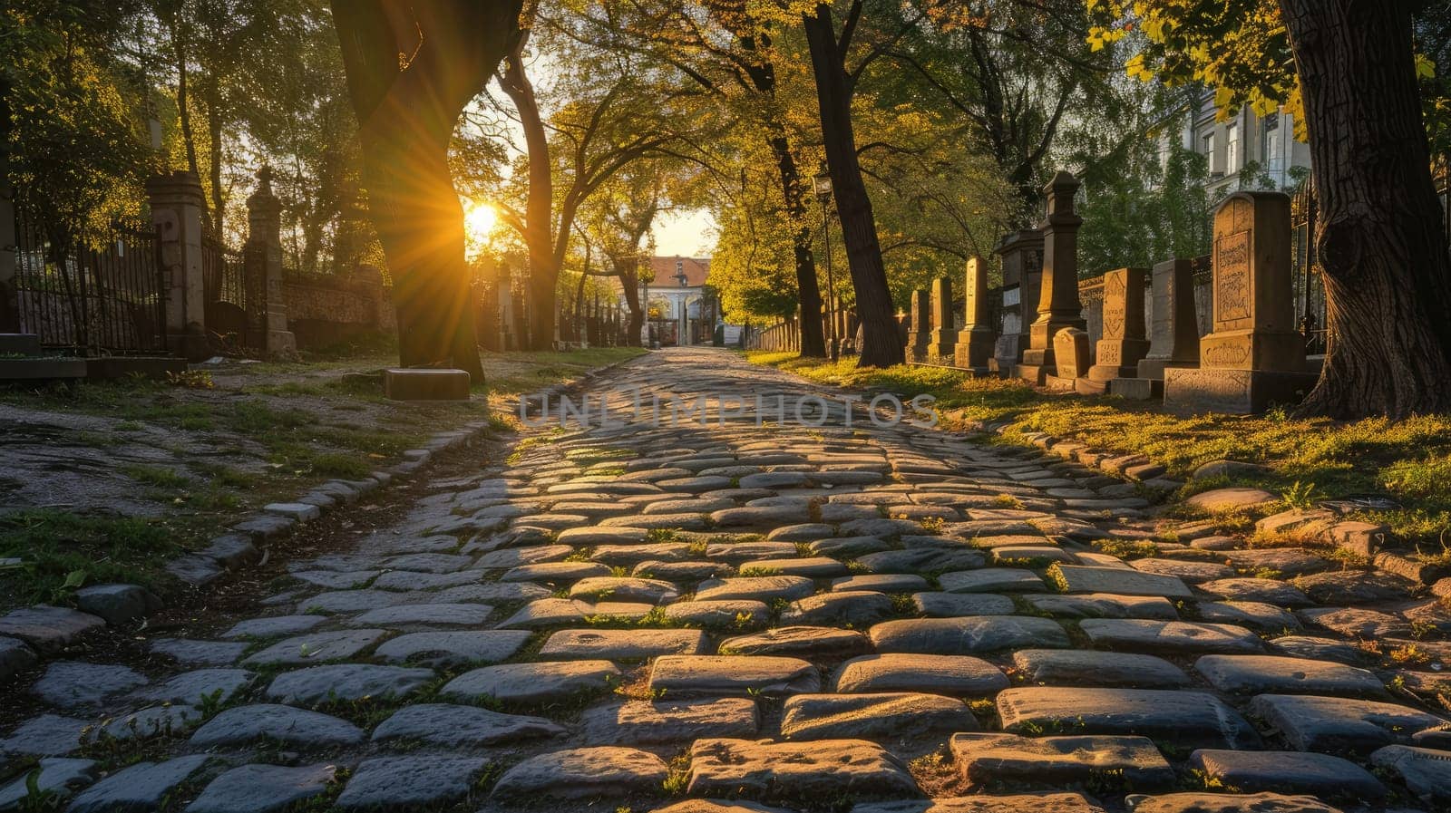 Path of Cobblestones among Ancient Headstones in Golden Light, Serene Sunset at Historic Cemetery.