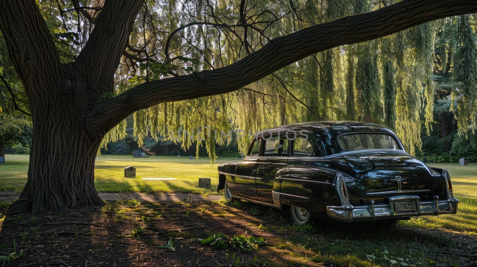 Vintage Hearse in Empty Cemetery Beneath Weeping Willow Tree, Elegance Amongst Solitude.