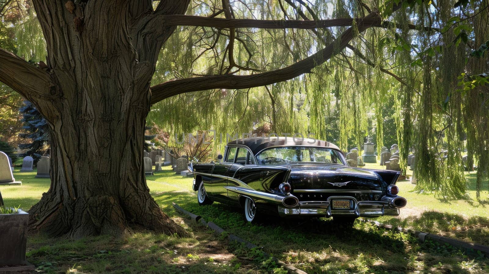 Vintage Hearse in Empty Cemetery Beneath Weeping Willow Tree, Elegance Amongst Solitude.