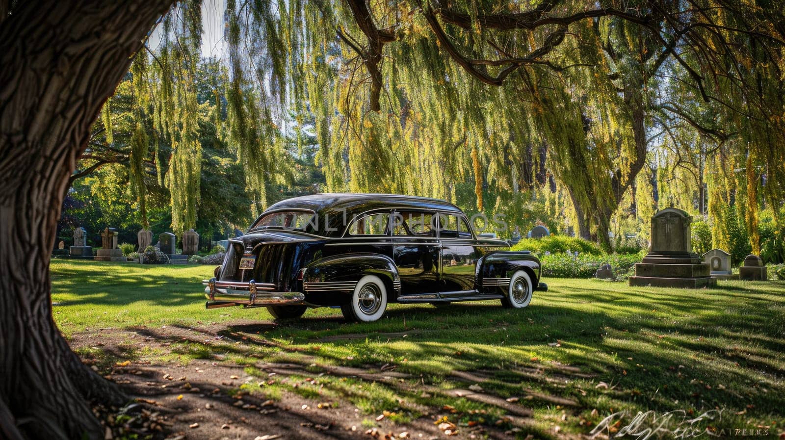 Vintage Hearse in Empty Cemetery Beneath Weeping Willow Tree, Elegance Amongst Solitude.