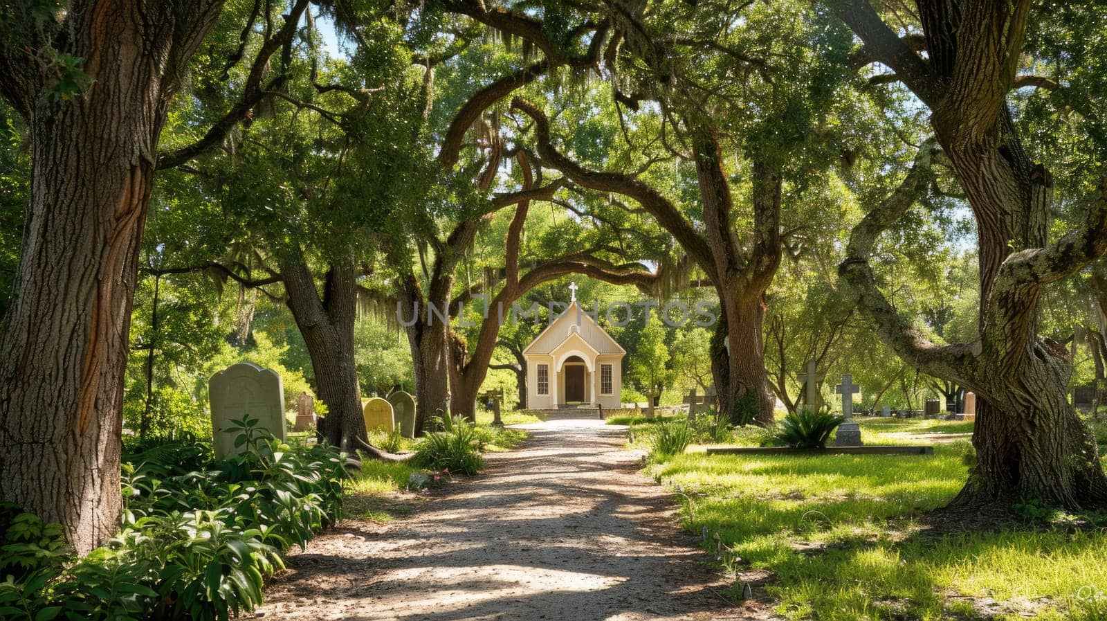 Tranquil Path to Quaint Chapel in Ancient Cemetery with Copy Space for Comfort Message.