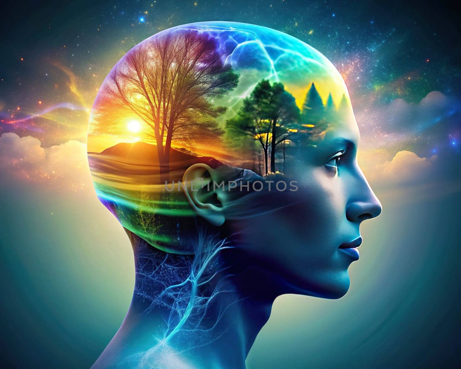 Layers of the Mind. A Visual Exploration. Captures a multi-layered silhouette of a human head profile, symbolizing the depth and complexity of mental processes. Perfect for projects related to psychology, identity, and cognitive science.