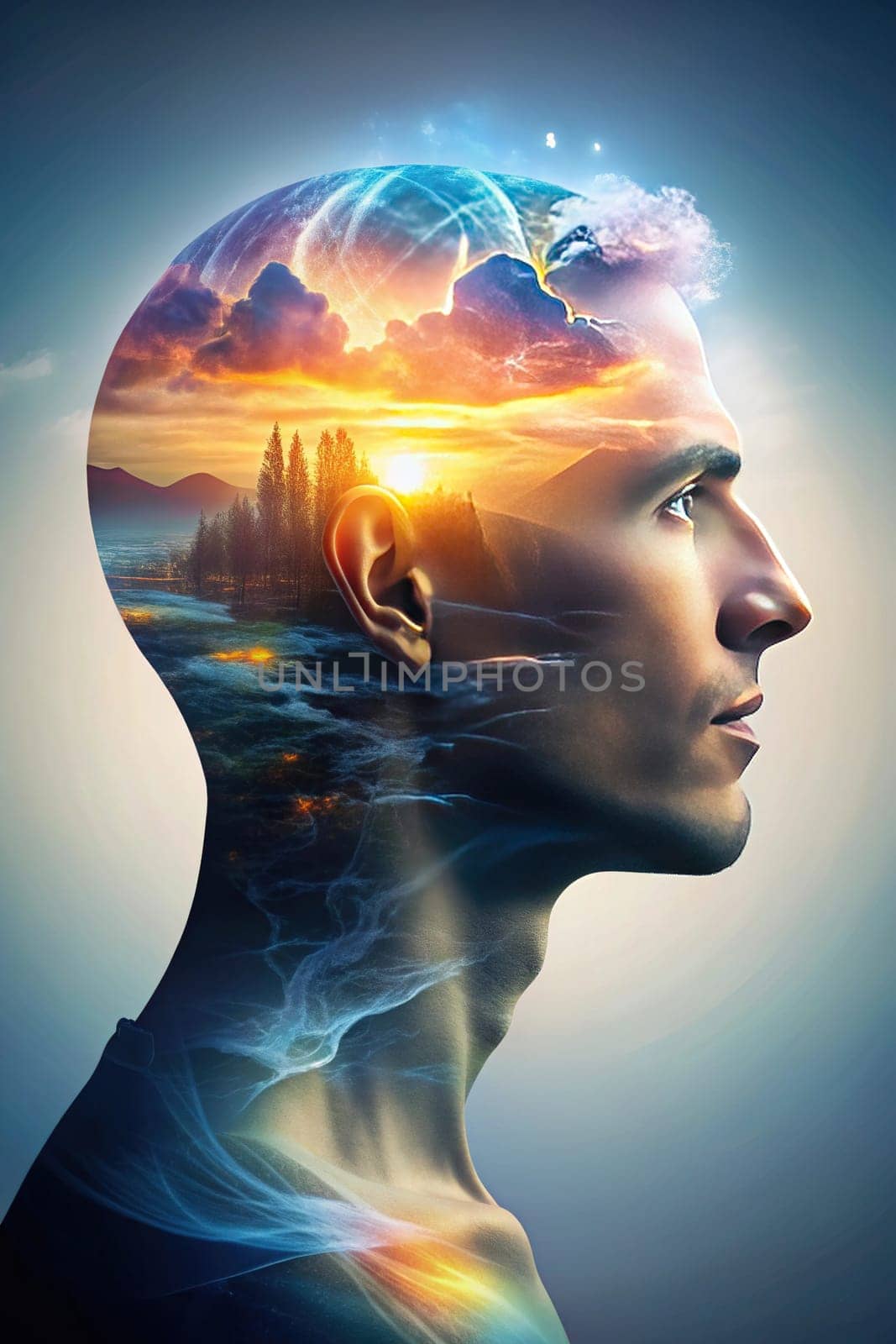 Layers of the Mind. A Visual Exploration. Captures a multi-layered silhouette of a human head profile, symbolizing the depth and complexity of mental processes. Perfect for projects related to psychology, identity, and cognitive science.