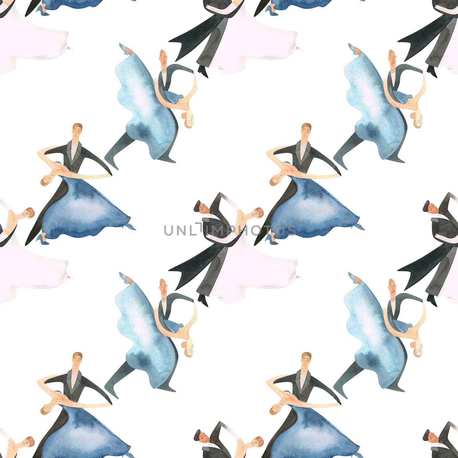 Ballroom dancing, standard. Adult couples on the parquet. Isolated watercolor illustration. Seamless pattern. White background.