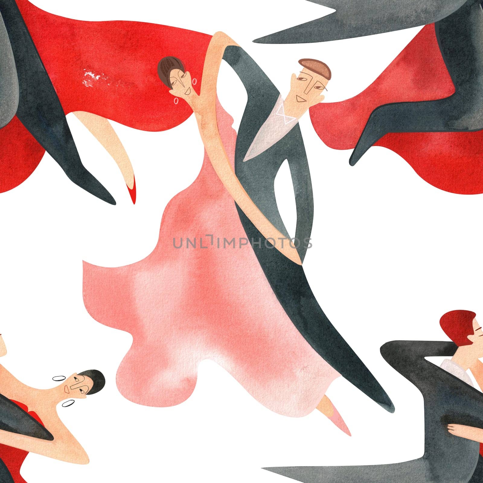 Ballroom dancing, standard. Adult couples on the parquet. Isolated watercolor illustration. Seamless pattern. White background.