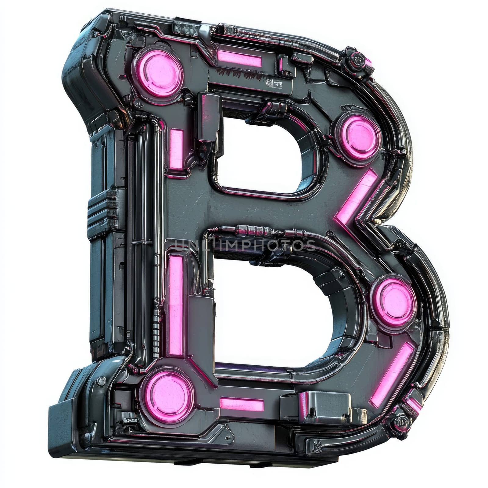 A stylized letter B is shown, featuring a high-tech design with glossy black and vibrant pink elements. The modern aesthetics highlight themes of technology and innovation.