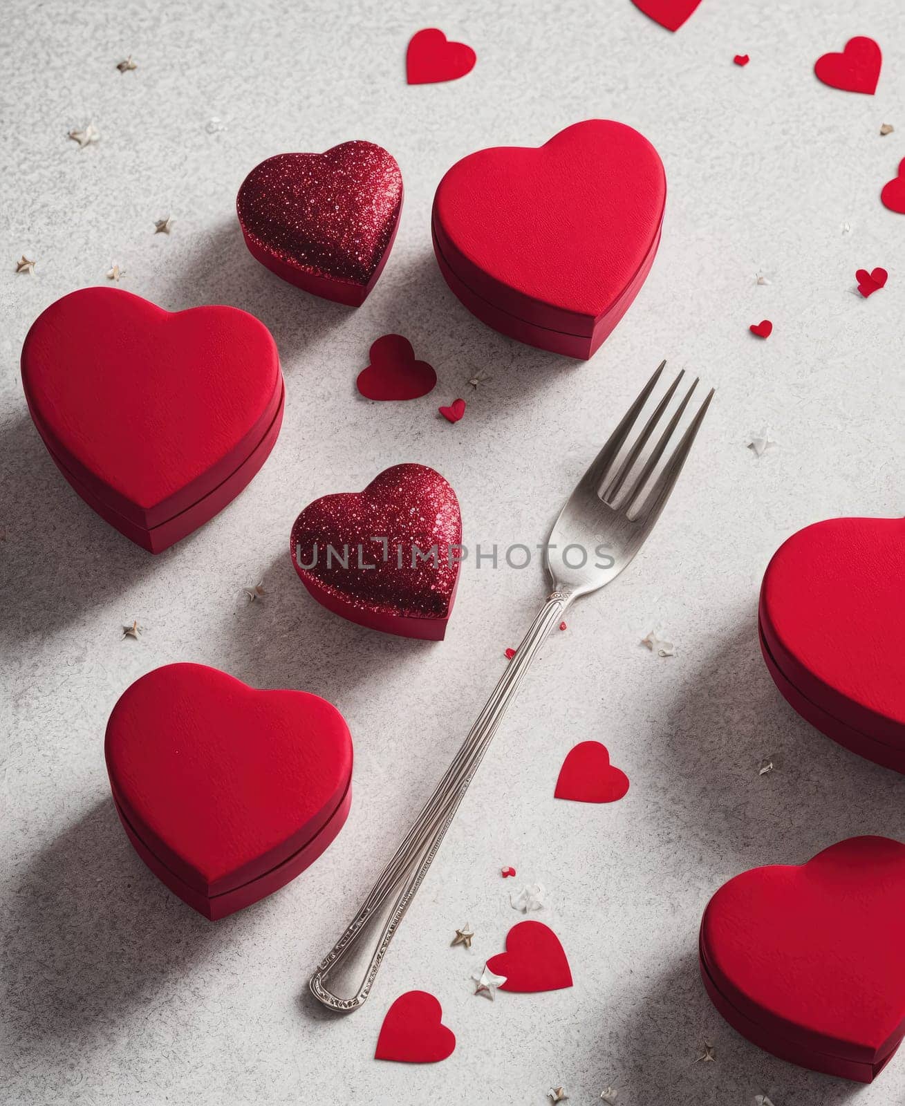 A fork is placed on a table with several red heart-shaped boxes. Concept of love and affection, as the heart-shaped boxes and the fork symbolize a romantic gesture