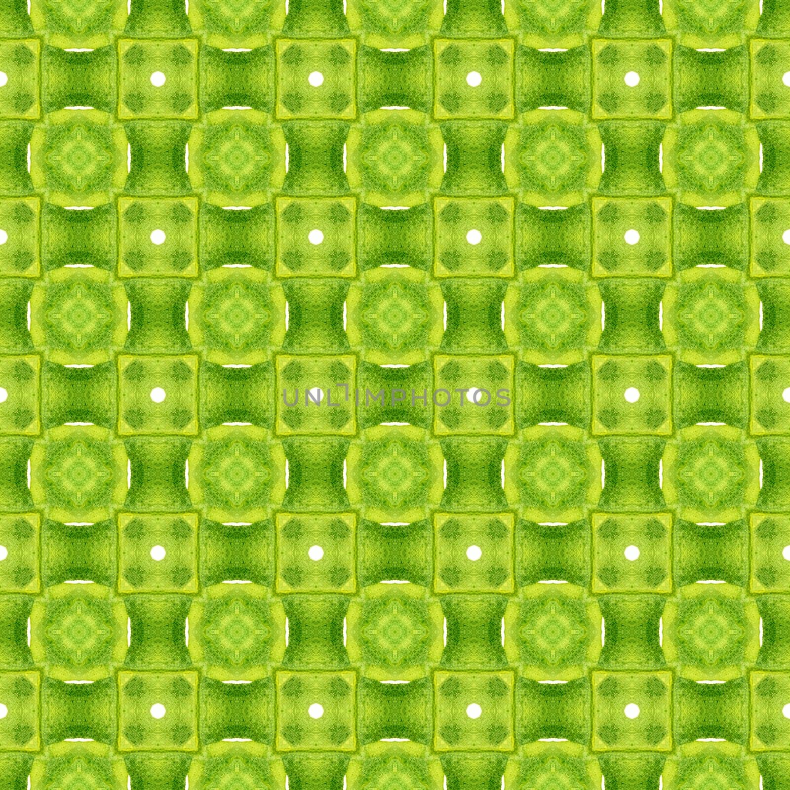 Tiled watercolor background. Green unique boho chic summer design. Hand painted tiled watercolor border. Textile ready lively print, swimwear fabric, wallpaper, wrapping.