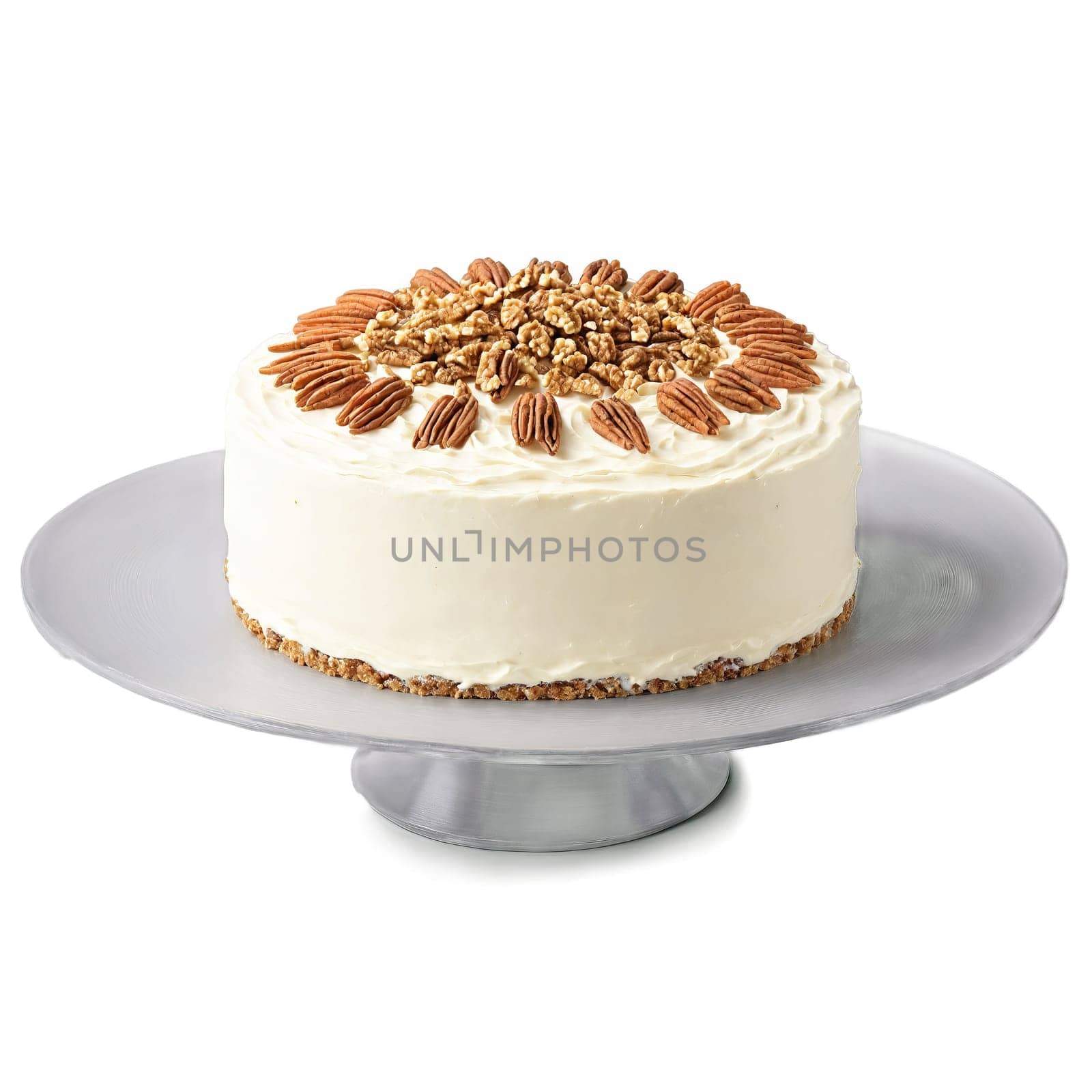 Carrot cake with cream cheese frosting and walnut pieces on top Food and culinary concept. Food isolated on transparent background.