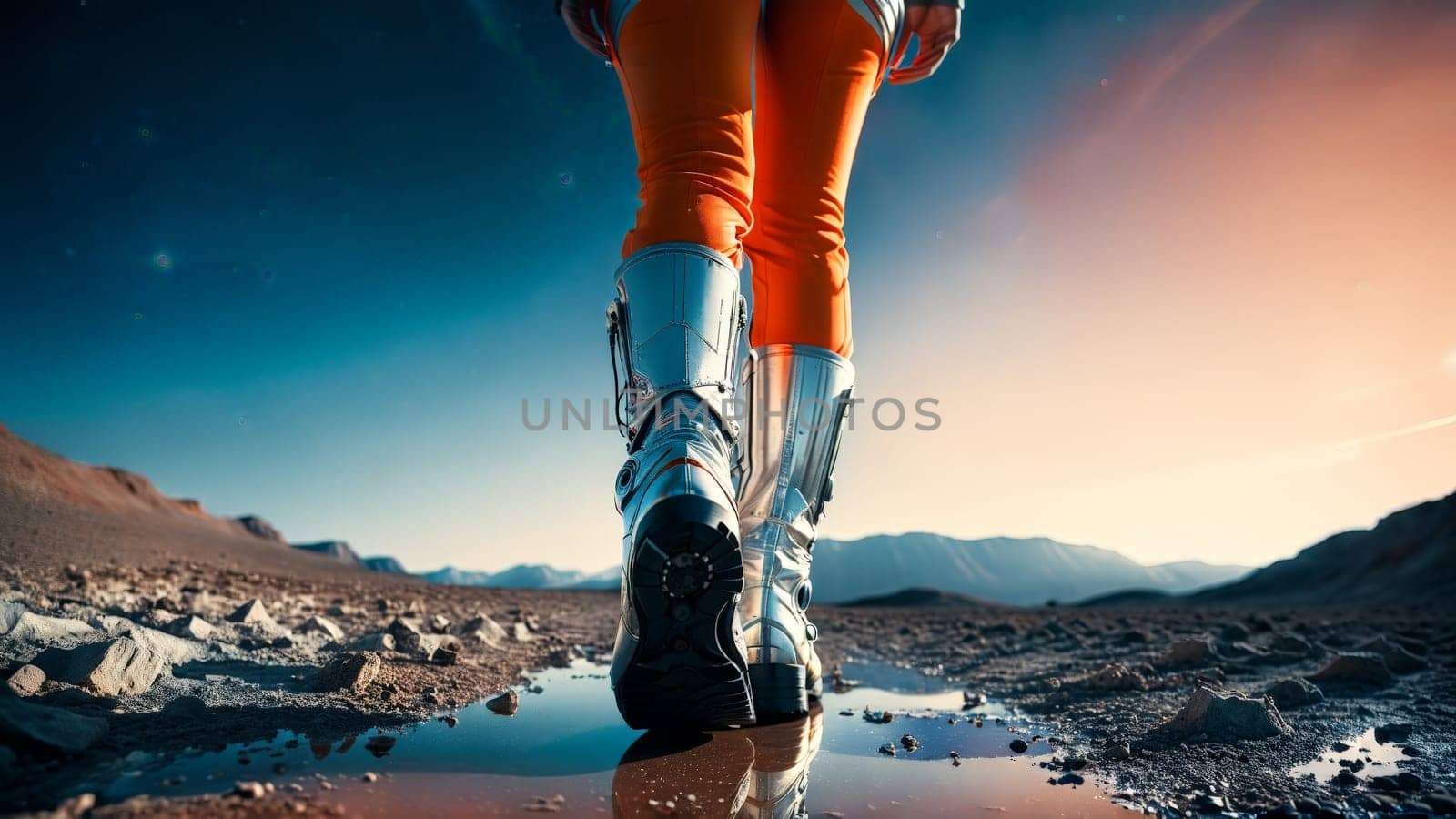 A model in a futuristic space suit with her long legs in high tech stockings.