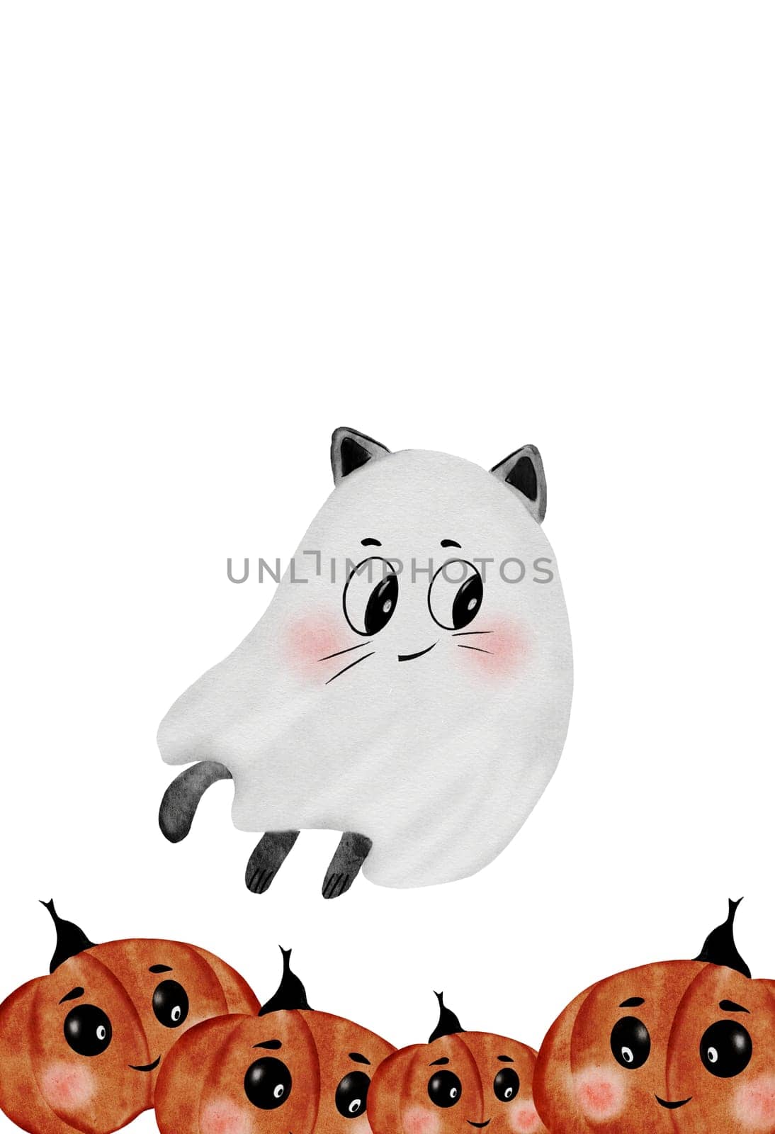 Cute Halloween Card. Hand drawn kawaii ghost and cartoon pumpkins. Clip art of the face of a typical ghost isolated on a white background. Ideal for decorating invitations and cards for Halloween. High quality illustration