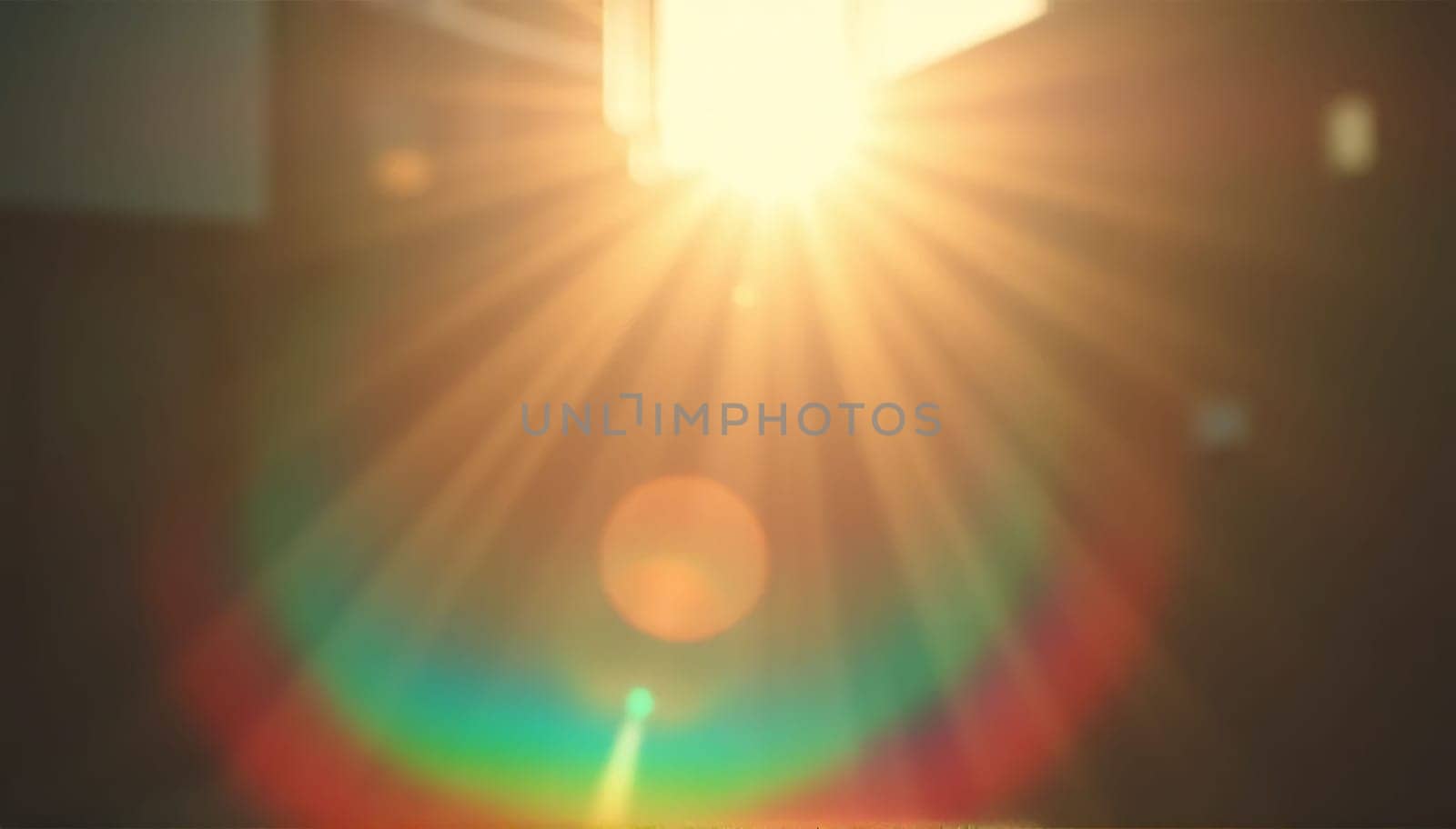 Light pours from a warm, bright rainbow in blur on a black background with a dusty texture. Use this defocused, abstract, damaged, scratched, retro cinema analog effect as a screen filter or overlay for image. High quality photo