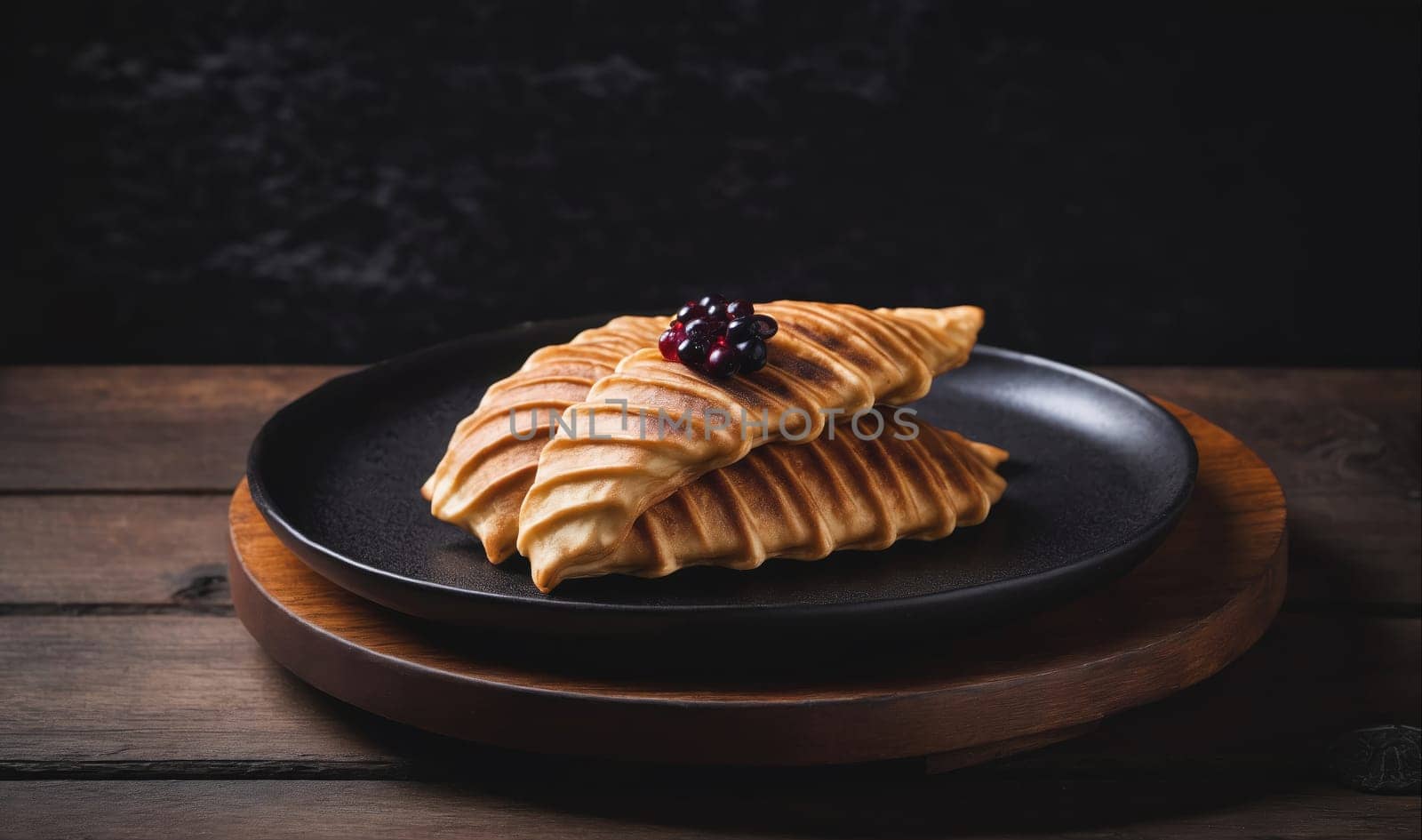 A plate of three golden brown waffles are arranged in a triangle formation on a black plate. The plate is placed on top of a round, wooden coaster. The waffles are covered in a thin layer of butter and topped with several blackberries. The image is taken from a low angle, with the waffles in focus.