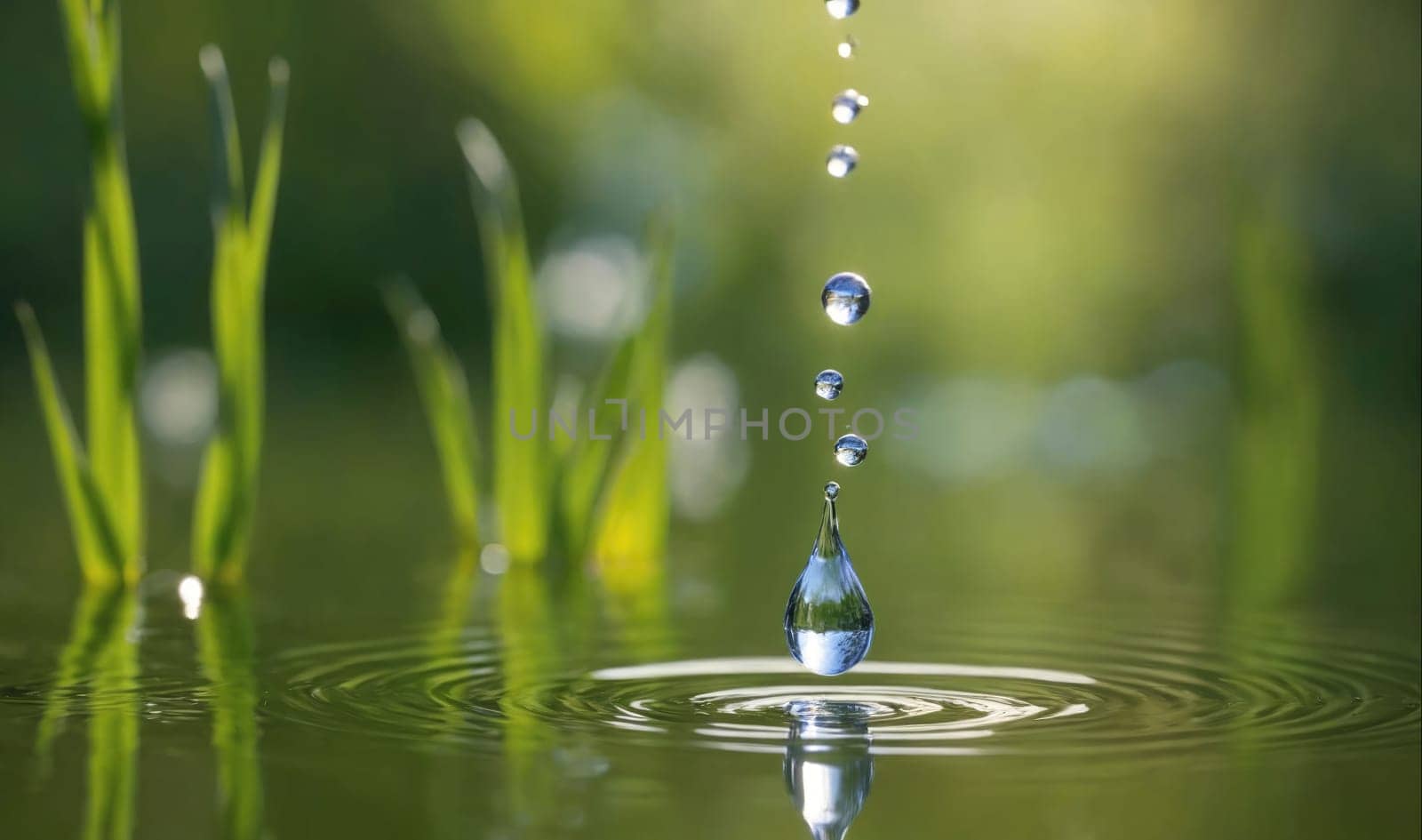 A close-up of a water drop as it falls into a small puddle. The drop is in focus, while the background is blurred and green. Ripples radiate outward from the point where the drop landed.