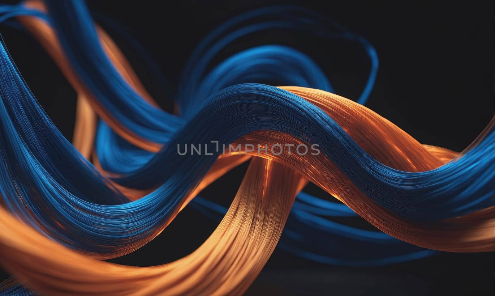 An image of blue and orange fabric swirling in a complex pattern against a black background. The fabric is illuminated from the side, casting shadows that emphasize the curves and folds.