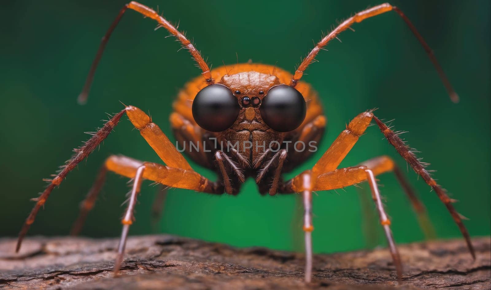 A macro photo of a spider with large black eyes, orange body, and long, hairy legs, perched on a tree branch. The spider is facing the camera, with its legs outstretched and its eyes wide open. The background is a blurry green, creating a sense of depth and highlighting the spider's intricate details.