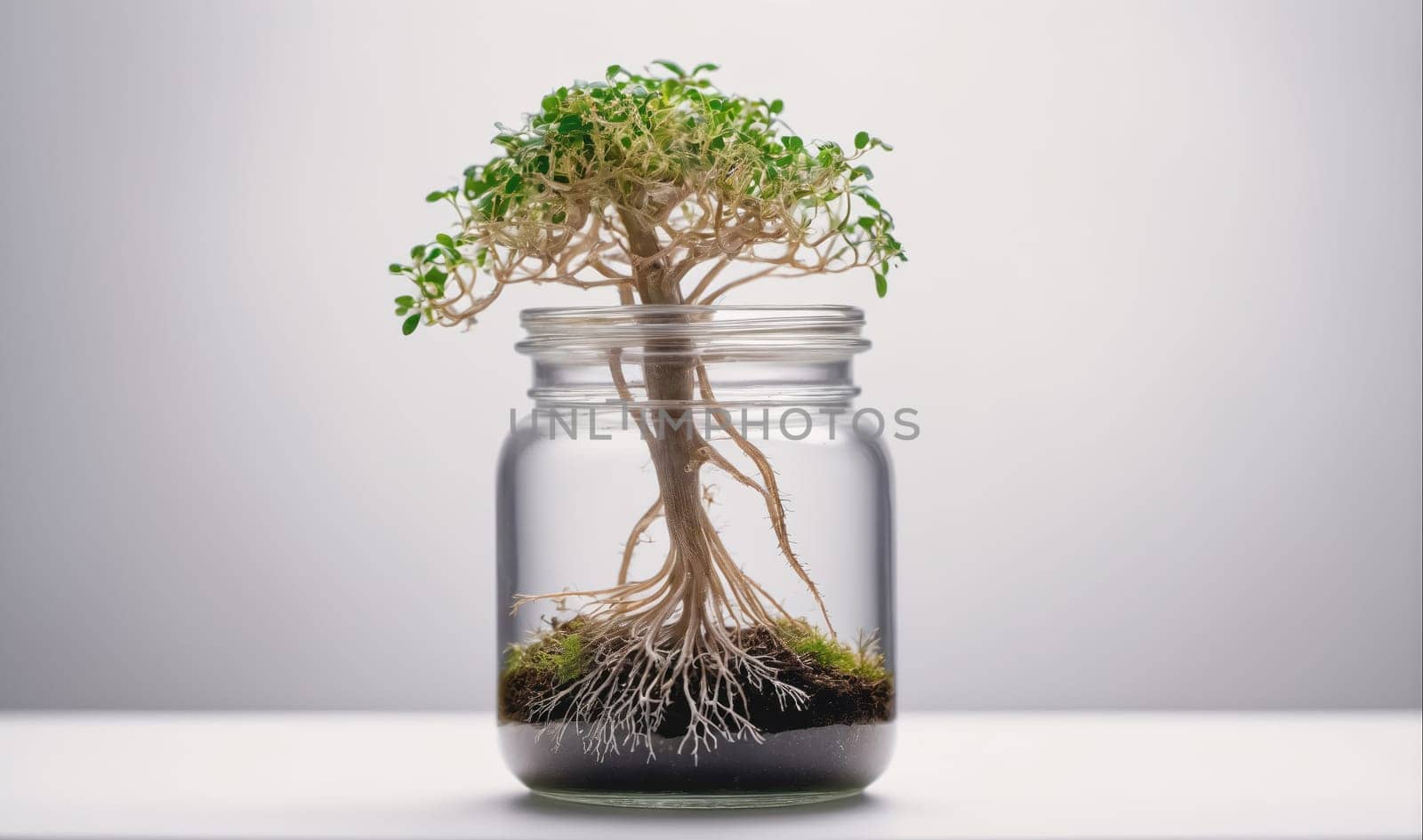 A small, green tree is growing in a clear glass jar, which is sitting on a white surface. The tree's roots are visible and spread out in the dirt at the bottom of the jar.