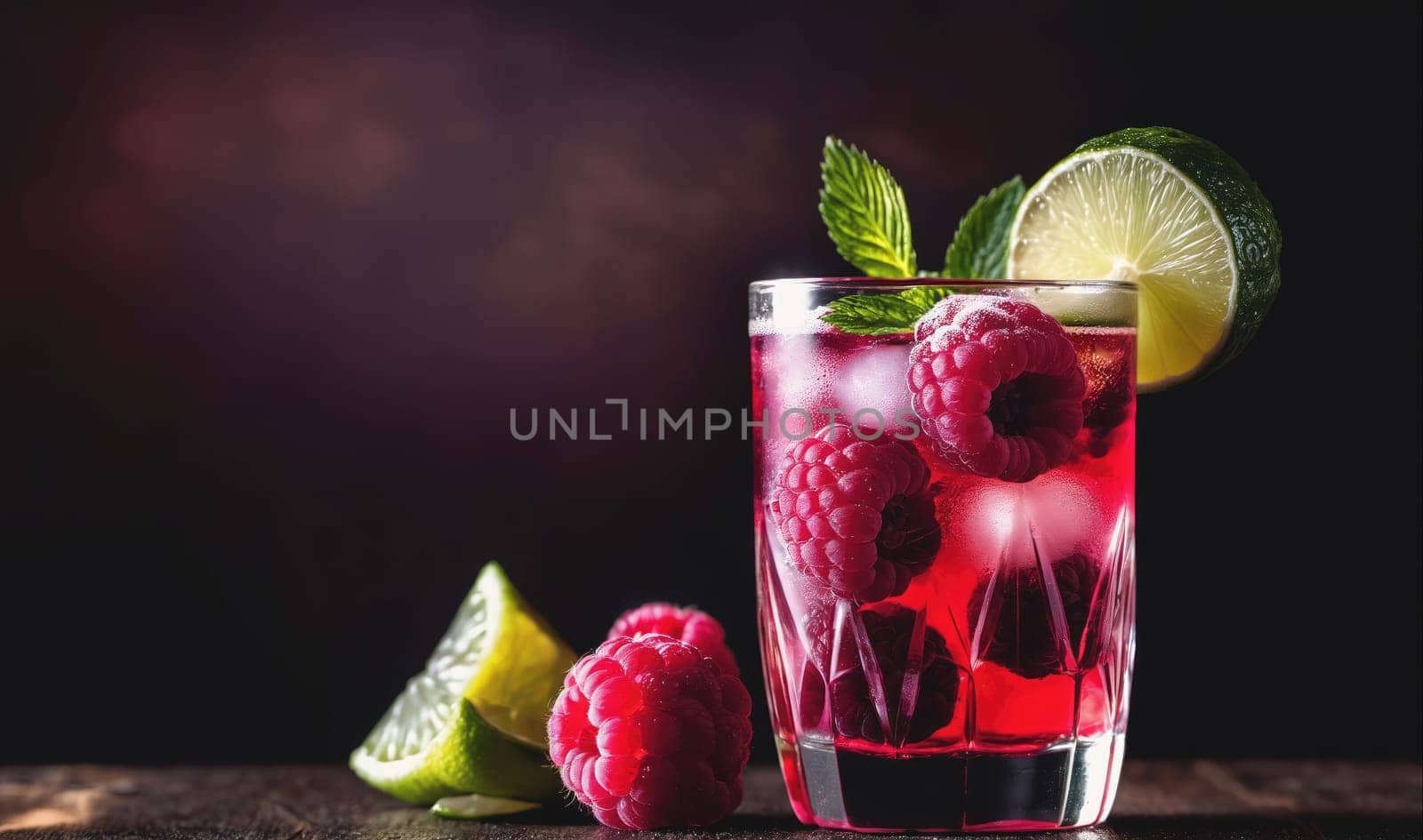 A glass filled with red raspberry lemonade is garnished with a lime wedge and fresh mint leaves. The drink is topped with ice cubes and sits on a rustic wooden table. There are two raspberries and a lime wedge in the foreground.