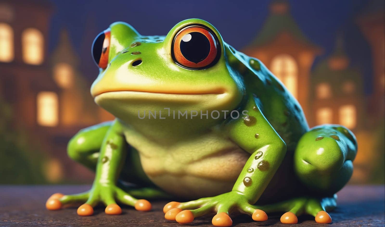 The image features a close-up view of a green frog sitting on a dark surface. The frog has orange eyes and a spotted green body. The frog is facing the camera and its mouth is slightly open, giving the impression of a curious expression. The background is out of focus and features blurry lights from an unknown city.