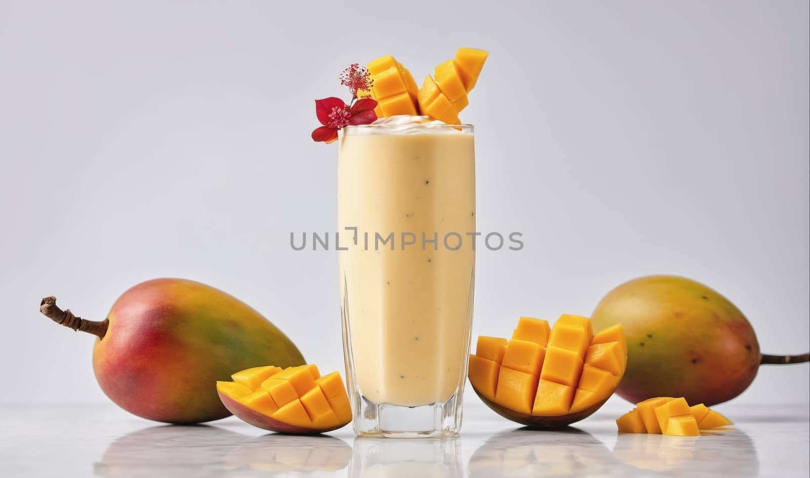 A glass of mango smoothie is on a white counter surrounded by whole and sliced mangoes. The smoothie is garnished with mango slices and a flower.