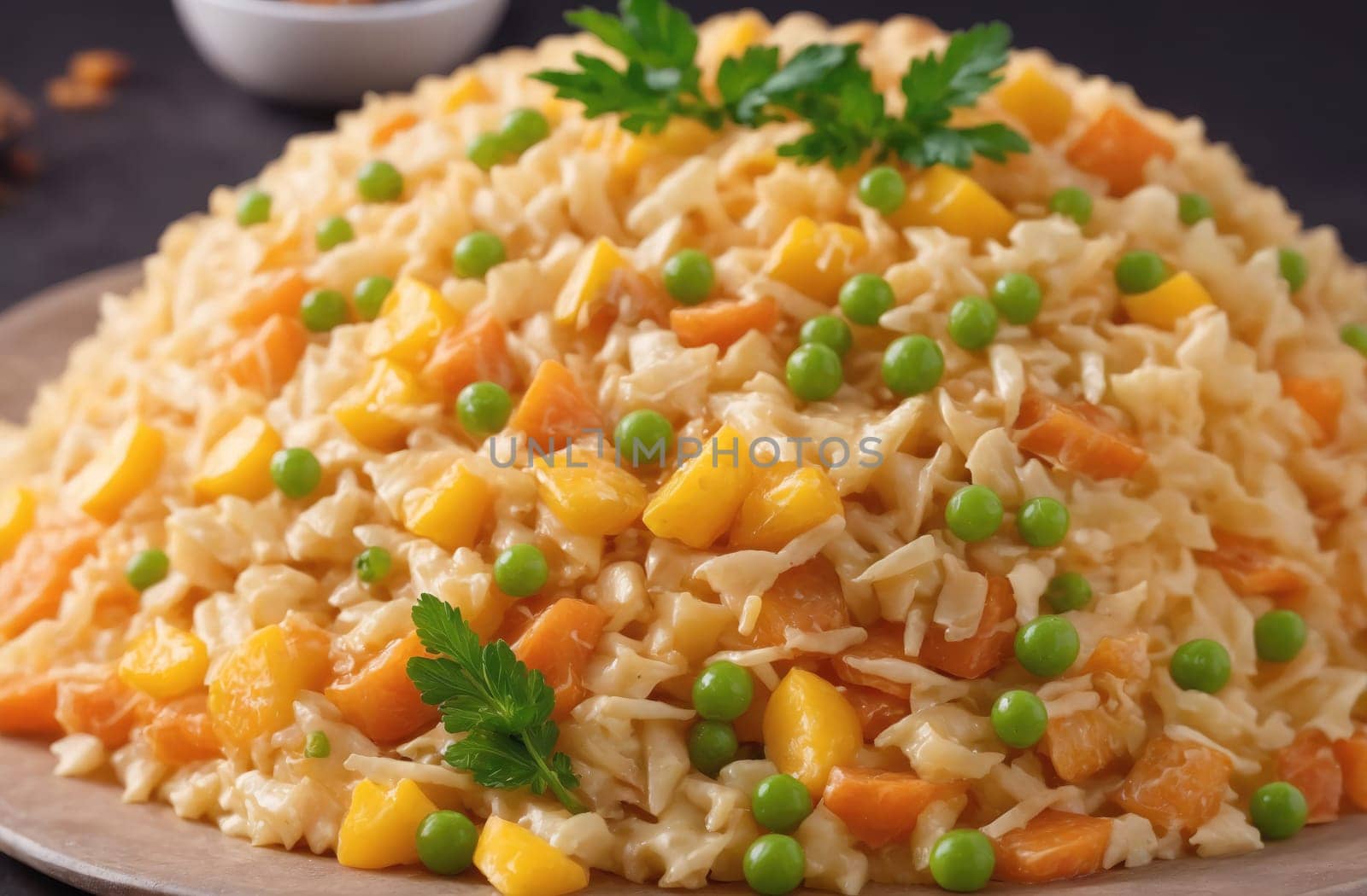 A plate of rice pilaf is piled high with peas, carrots, and pineapple. The dish is garnished with fresh parsley.