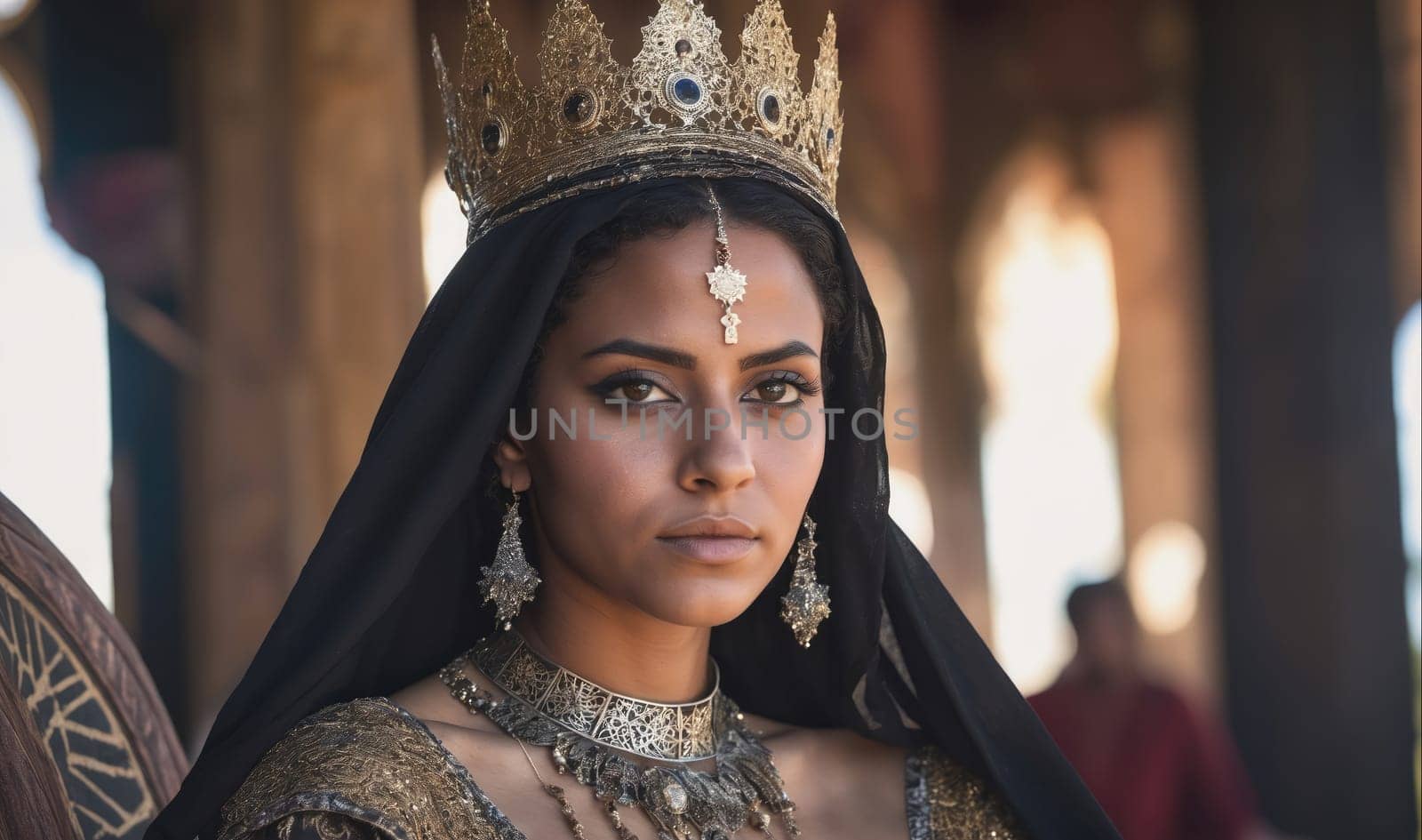 A woman wearing a golden crown sits on a throne, her gaze fixed on something outside the frame. She is wearing a black veil and elaborate jewelry.