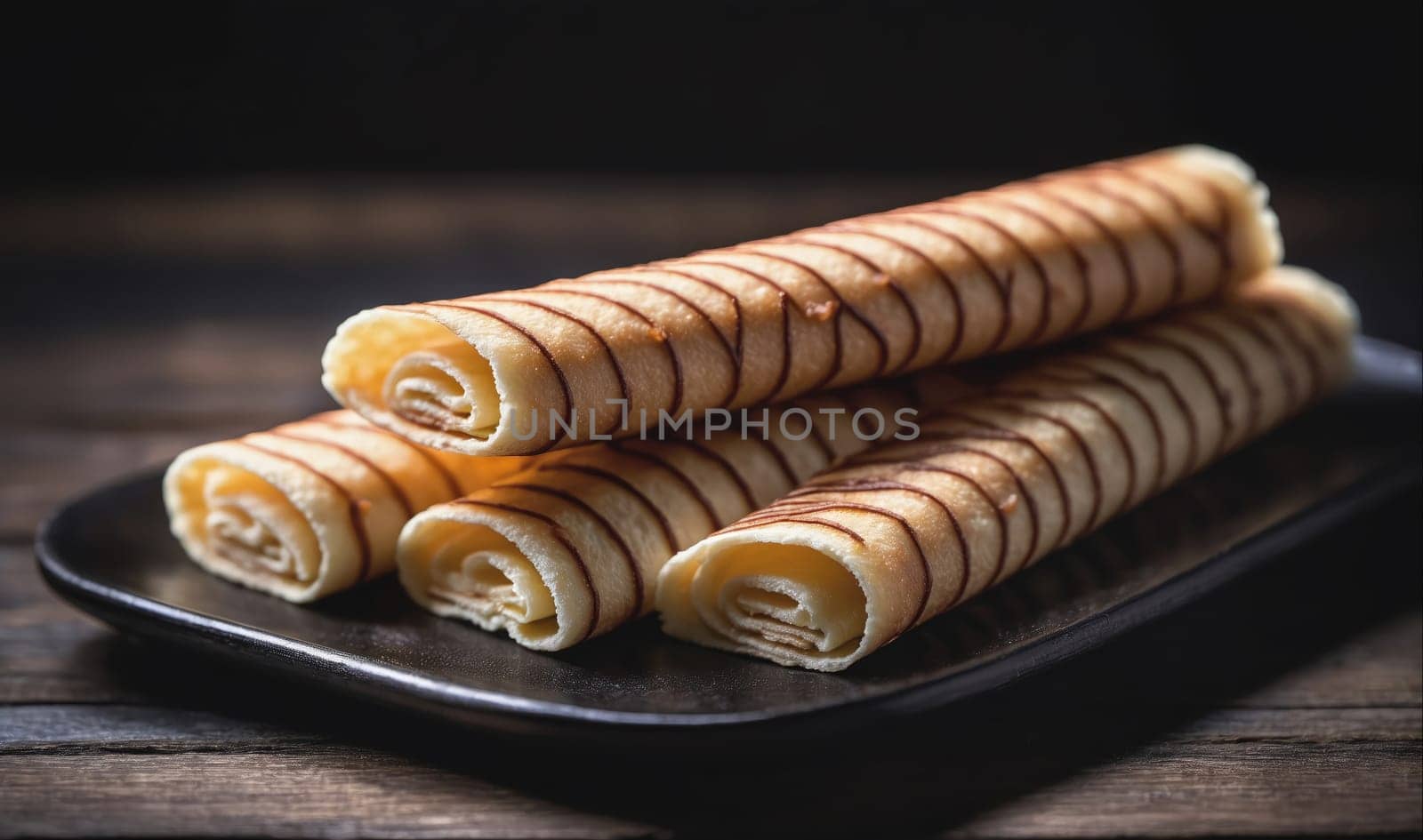 Four rolled pastries with chocolate drizzle are stacked on a black plate on a wooden surface. The pastries are light brown in color and appear to have a custard or cream filling. The plate and surface are both textured and weathered.