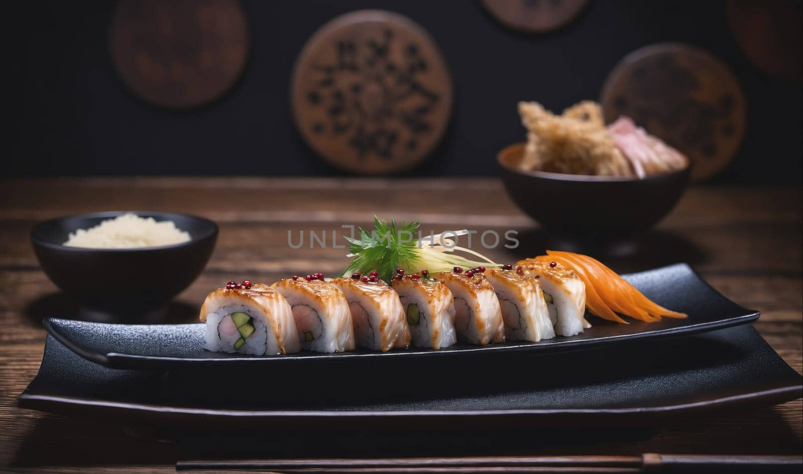 A plate of sushi rolls, topped with black sesame seeds and garnished with a sprig of green herbs, sits on a dark wood table. A small bowl of wasabi sits in the left foreground and another bowl, containing a side dish of fried food, is out of focus in the background.