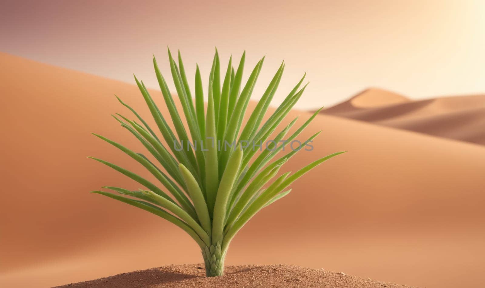 A green plant grows out of the sand in a desert. The sand dunes are soft and rounded, and the sky is a pale blue. The plant is the only sign of life in the vast desert landscape.