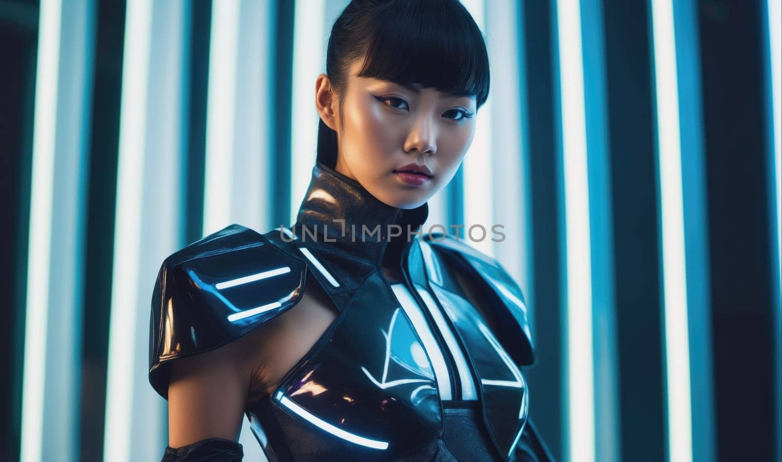 A woman in a black and blue futuristic outfit with glowing lines poses against a backdrop of bright blue vertical lights.