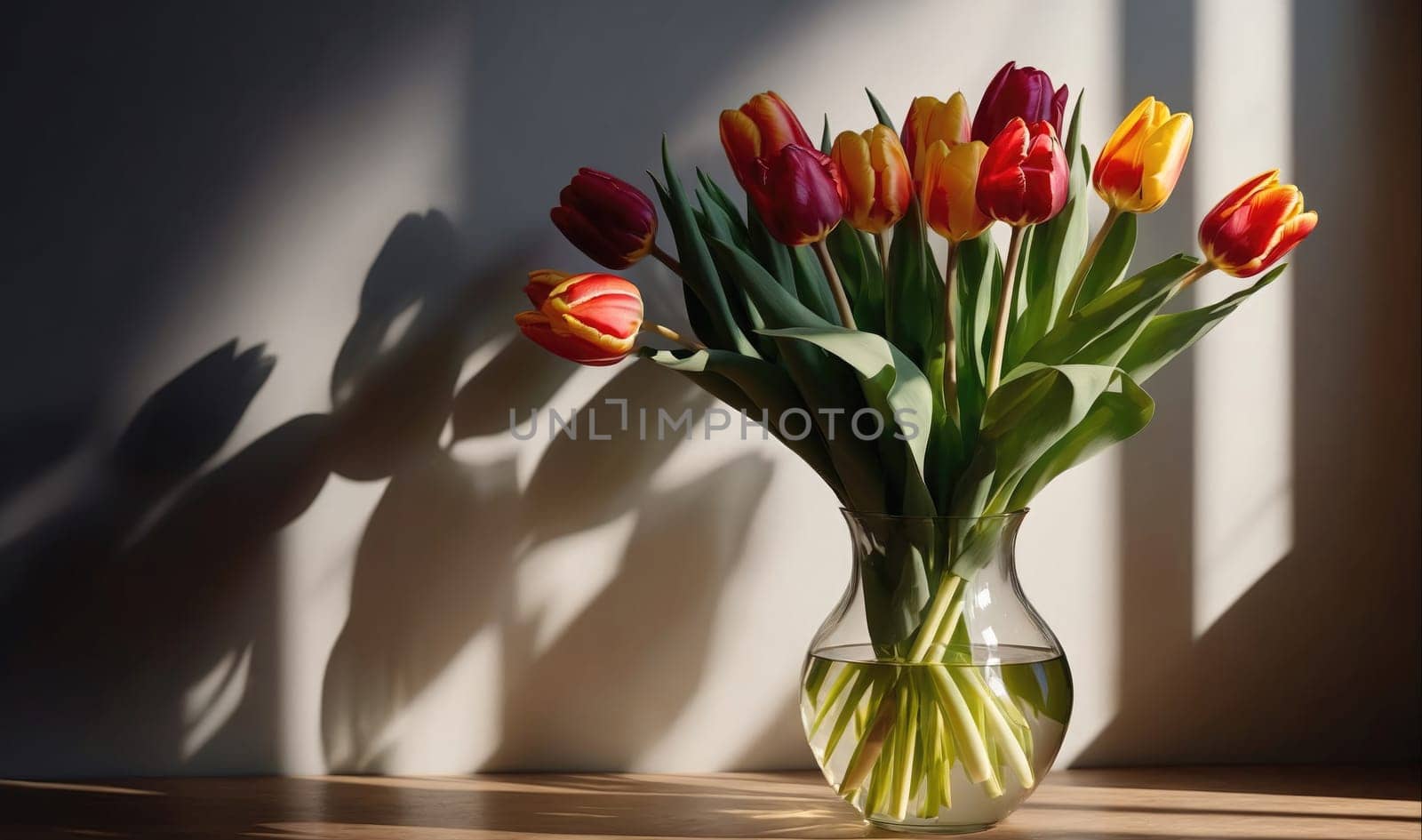 A bouquet of red and yellow tulips sits in a clear glass vase on a wooden table. The tulips are in a room with a window, and sunlight streams through the window, casting shadows on the wall.