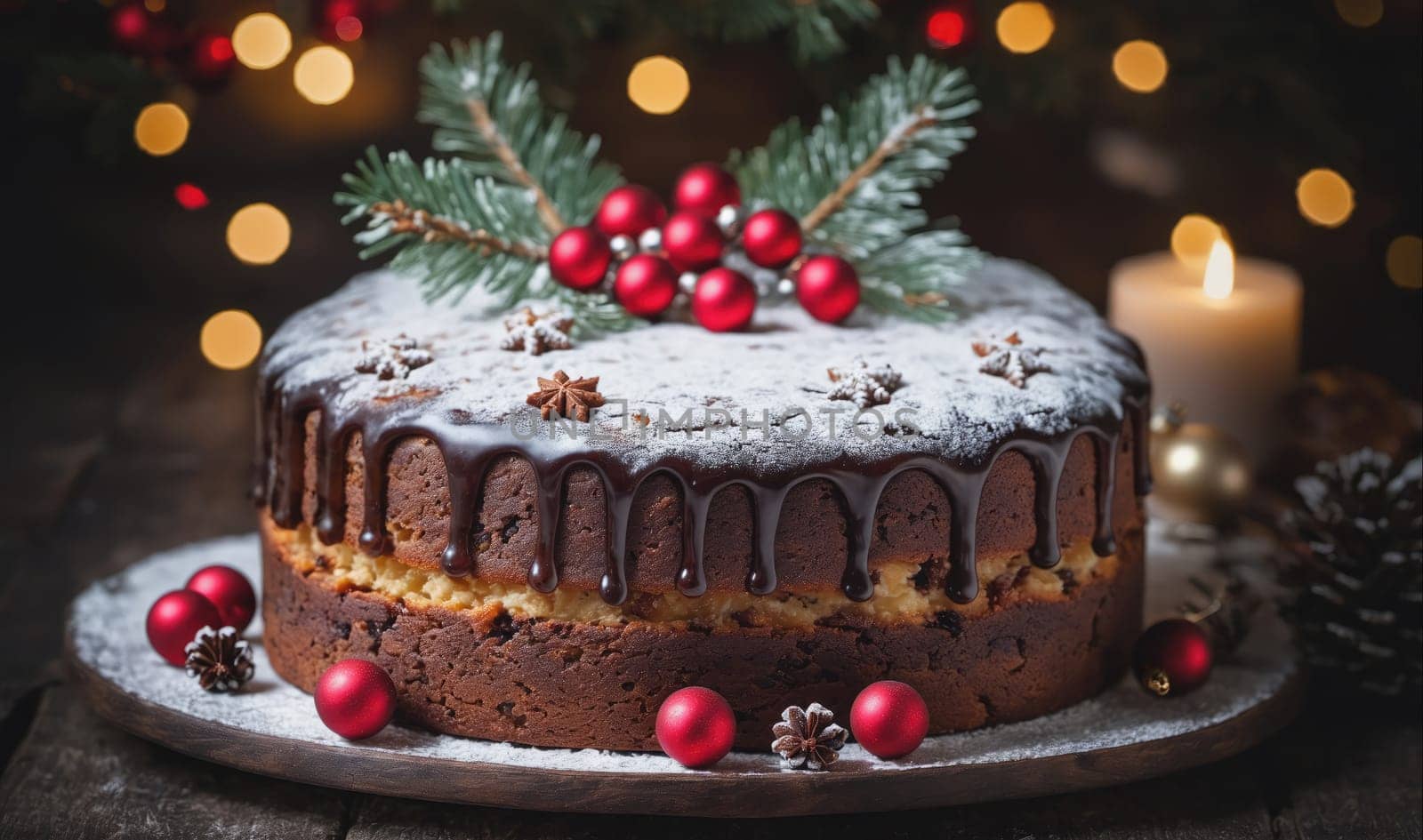 A chocolate cake is displayed on a wooden table with Christmas decorations. The cake is topped with powdered sugar, a chocolate drizzle, and a sprig of evergreen with red berries.