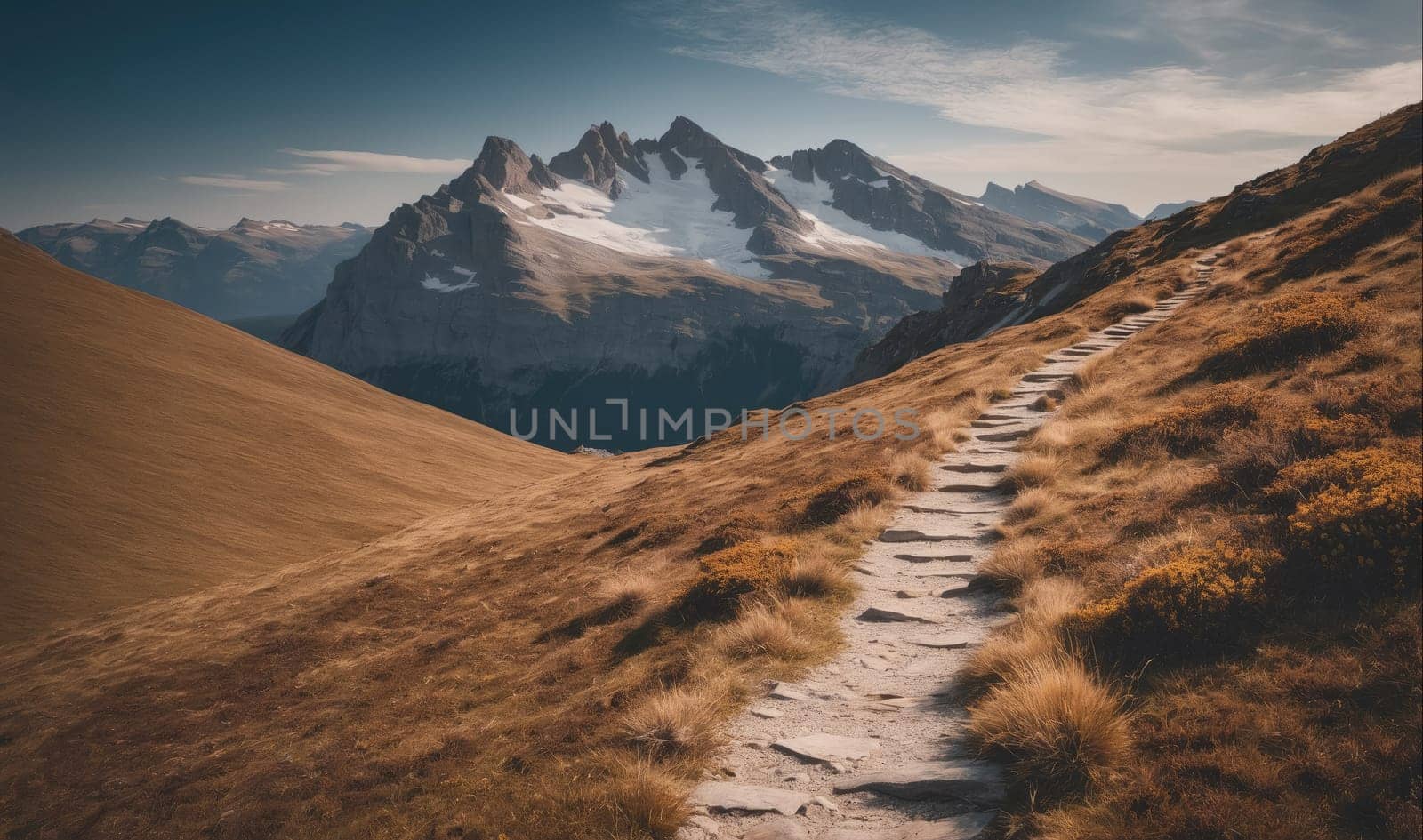 The image shows a stone path winding through a mountain range in a remote area. The path leads to a peak, which is partially covered in snow. The sky is clear and blue, and the mountains are covered in green grass. The image evokes a sense of adventure and exploration.