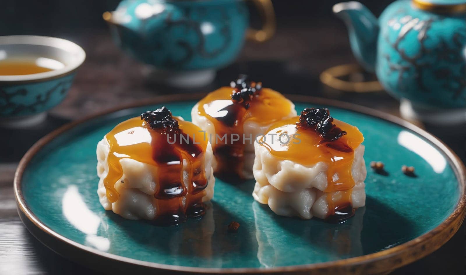 Three white cakes are drizzled with sweet orange sauce and dark sauce on a teal saucer. A cup of tea and a teapot are in the background. Peppercorns are scattered on the saucer, and the table is a dark wood.