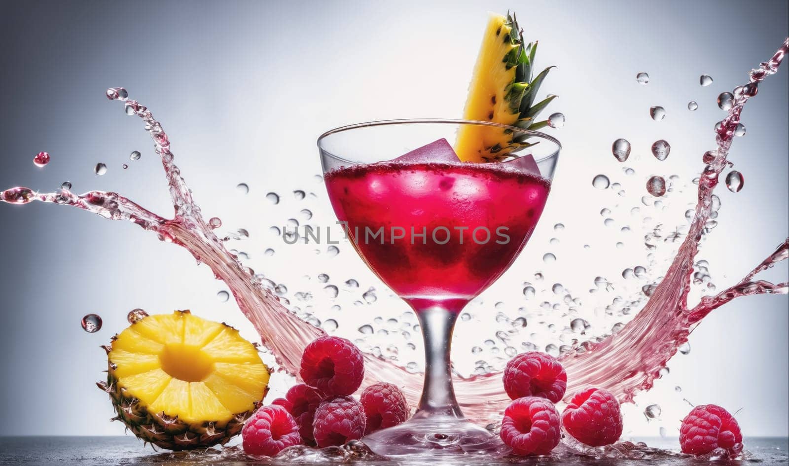 A red drink in a glass with ice, a pineapple garnish, and raspberries is surrounded by splashes of water. The drink is bright pink with ice showing through. The pineapple is a slice on the side of the glass, and a whole pineapple slice and raspberries are on the table below.