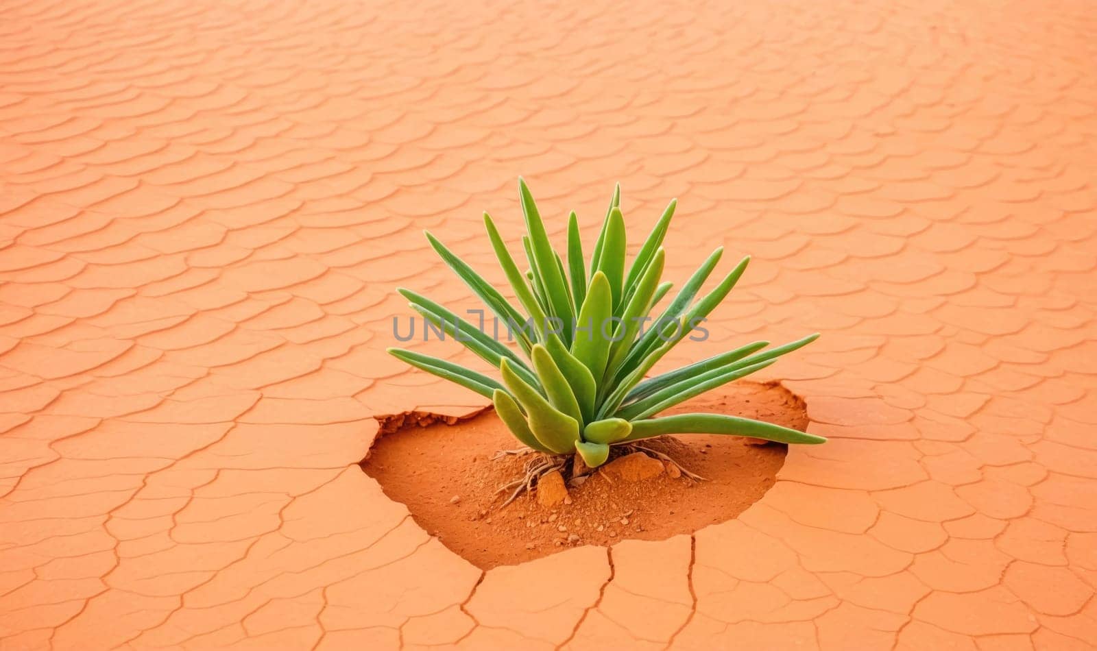 A single plant with long, green leaves thrives in the middle of a large patch of cracked orange sand in a desert. The plant is surrounded by a small, circular area of sand that is slightly lighter in color than the surrounding sand. The cracked sand creates a unique pattern.