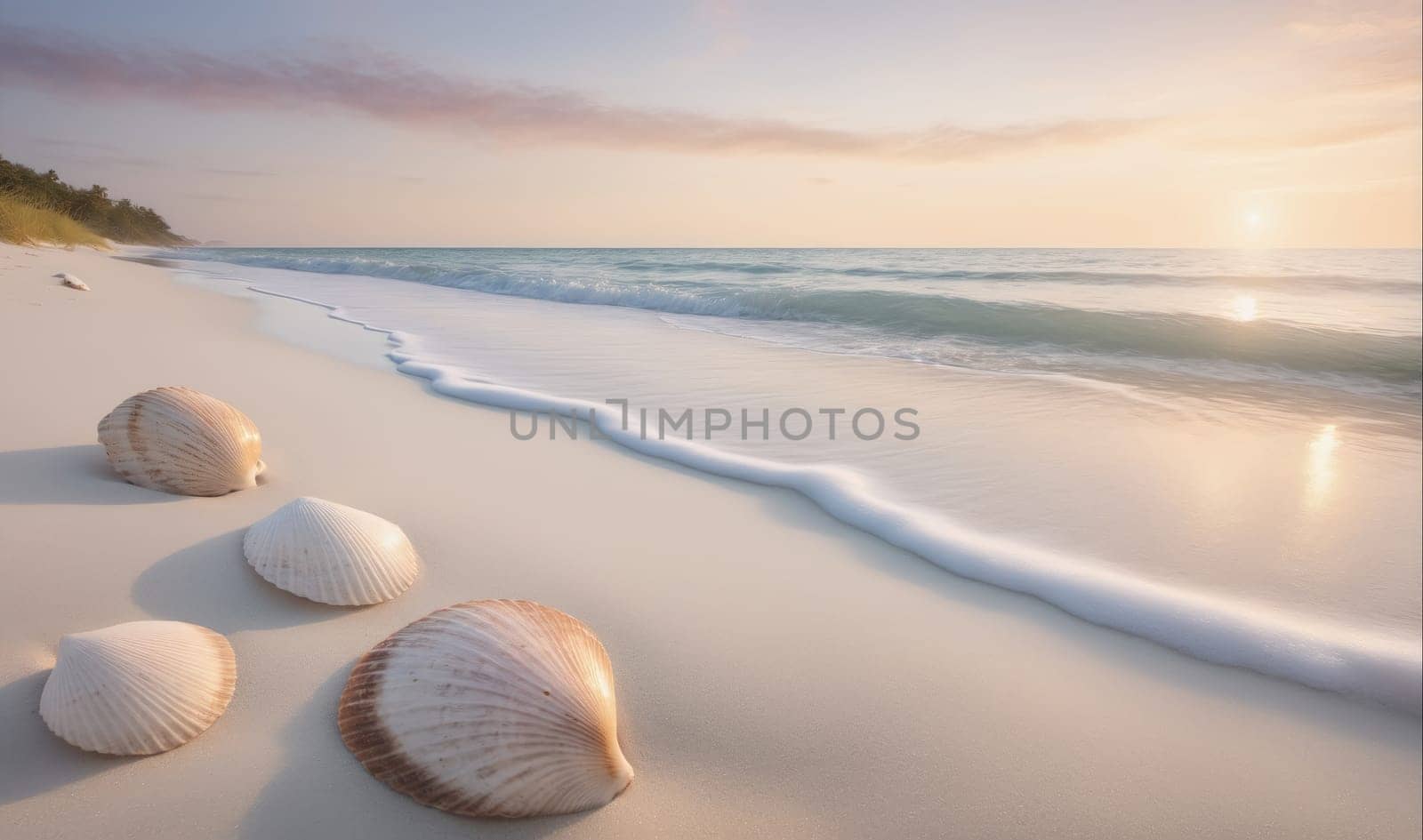The image shows four seashells lying on a sandy beach as a wave recedes, leaving a line of white foam in its wake. The beach is empty and the water is calm, with a clear sky overhead. The sun is shining and the light is warm and inviting.